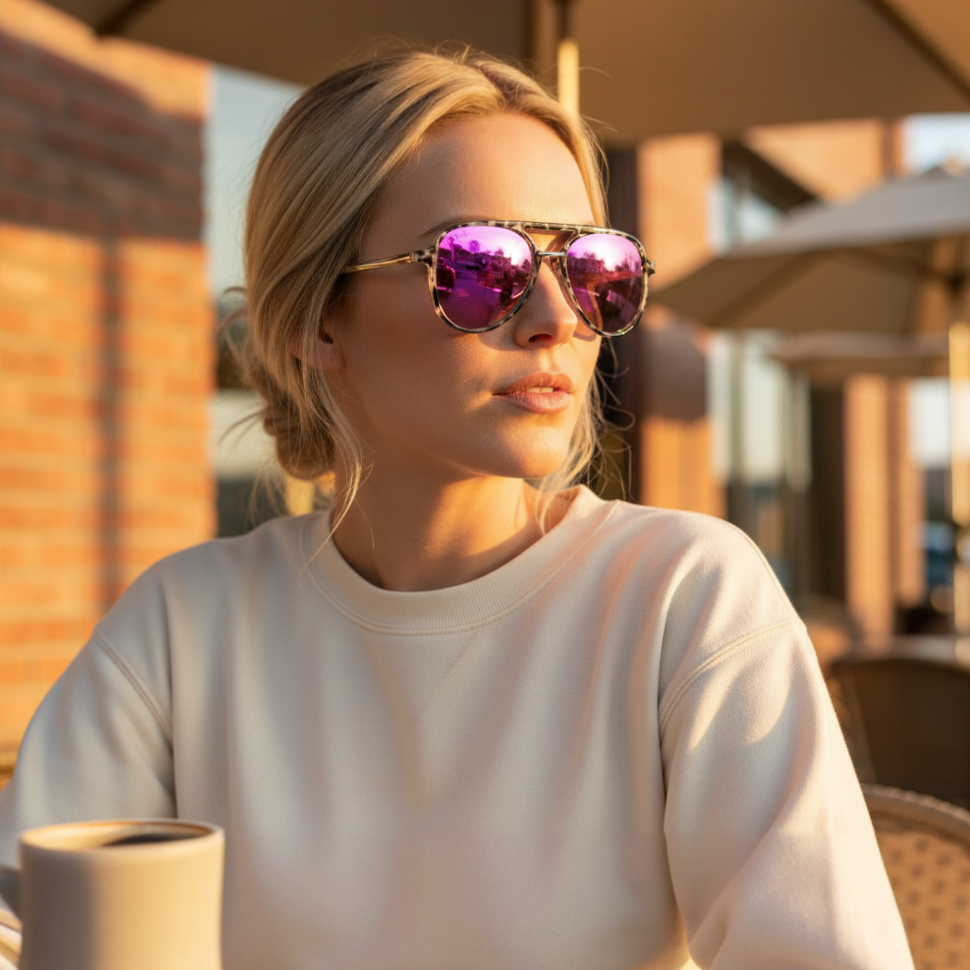 Woman wearing pink sunglasses and a white sweatshirt, sitting outdoors.