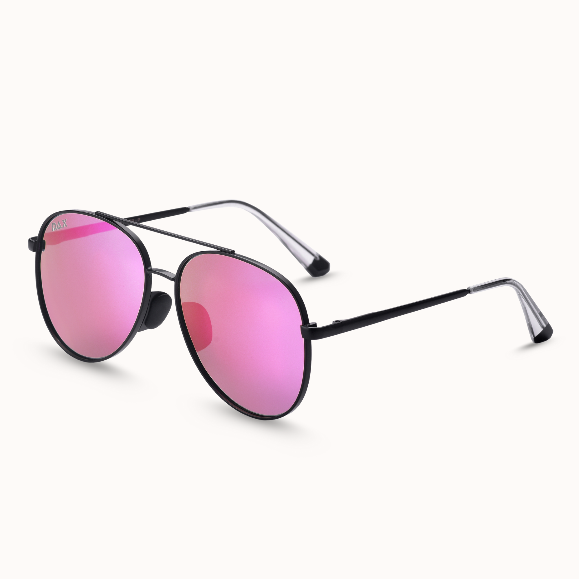 Sunglasses with pink lenses and black frames on a white background