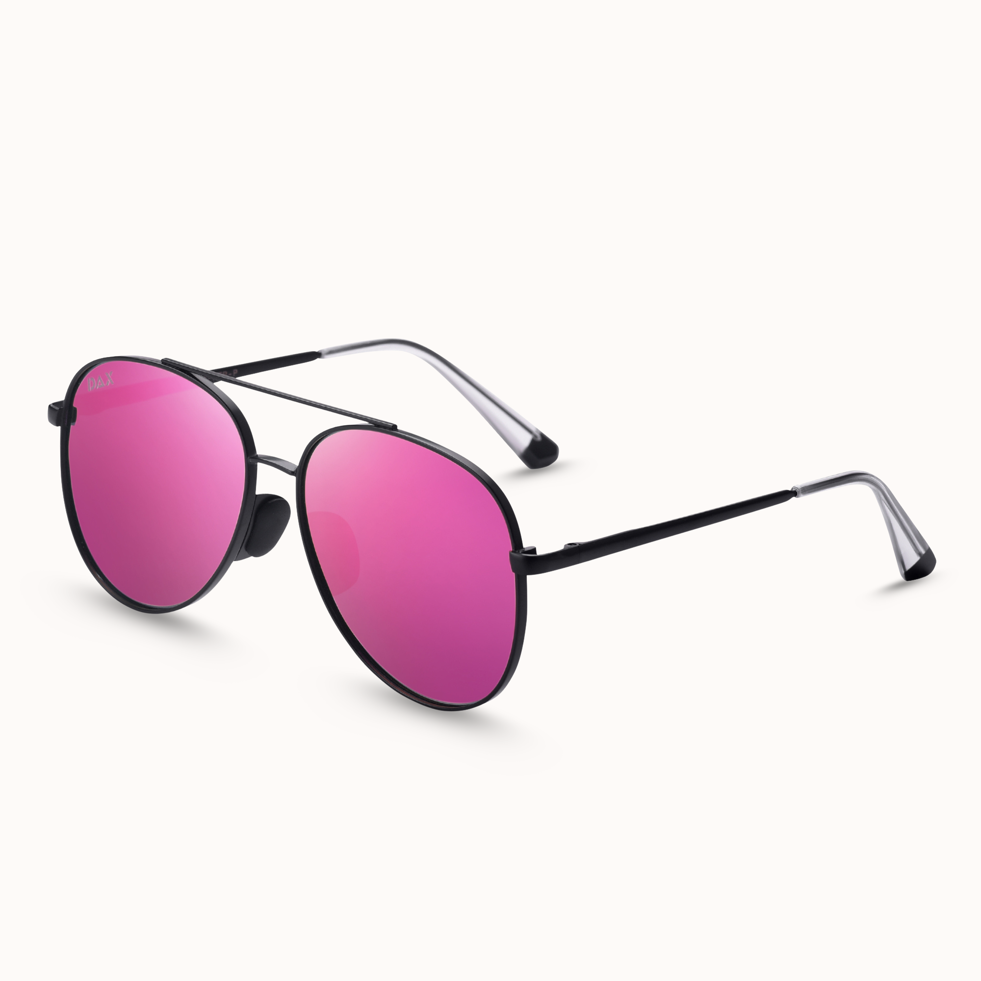 Sunglasses with pink lenses and black frames on a white background