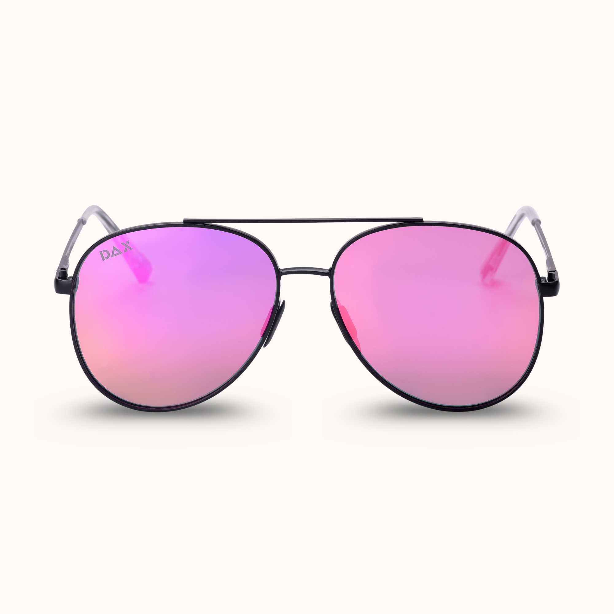 Sunglasses with pink gradient lenses on a white background