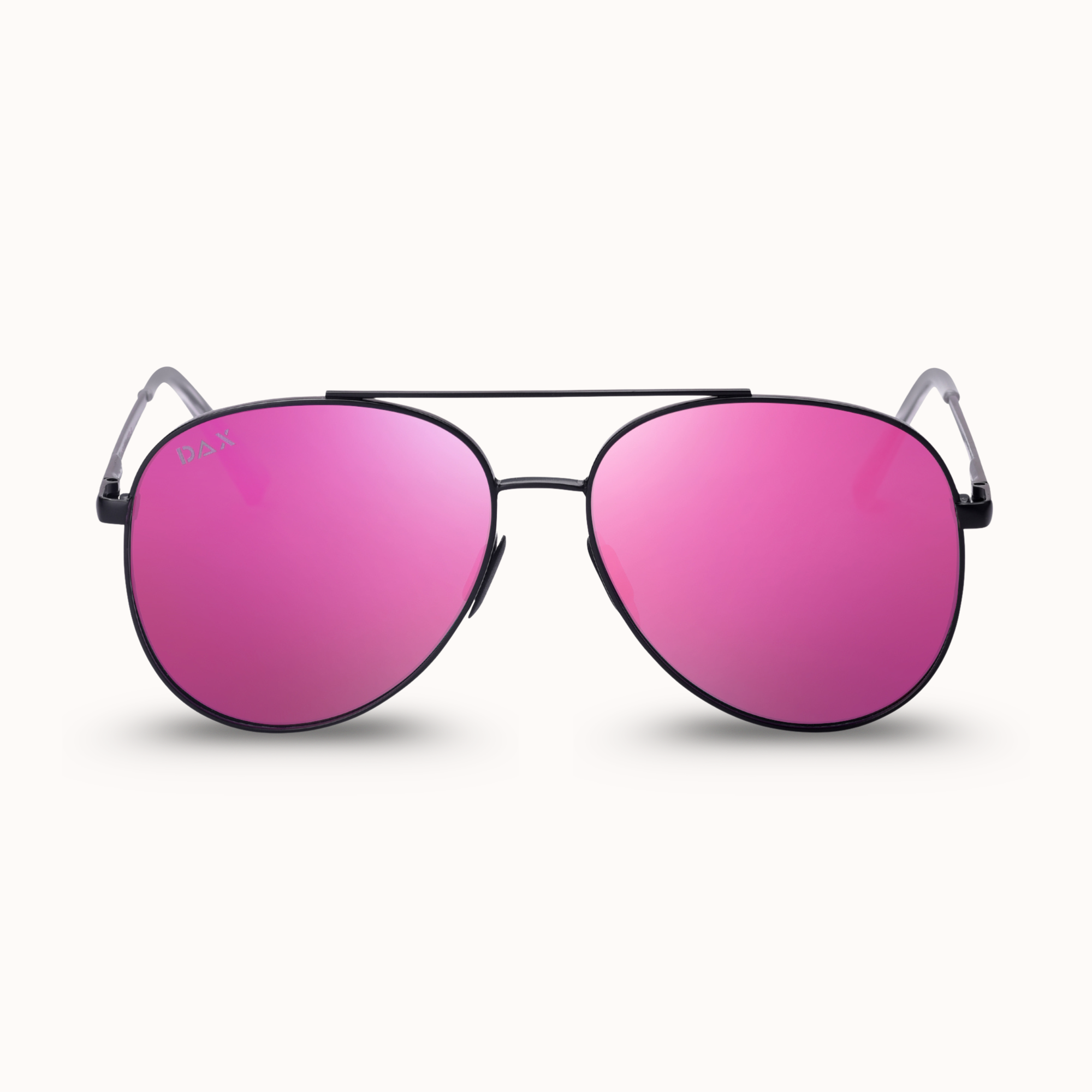 Pink sunglasses with black frames on a white background
