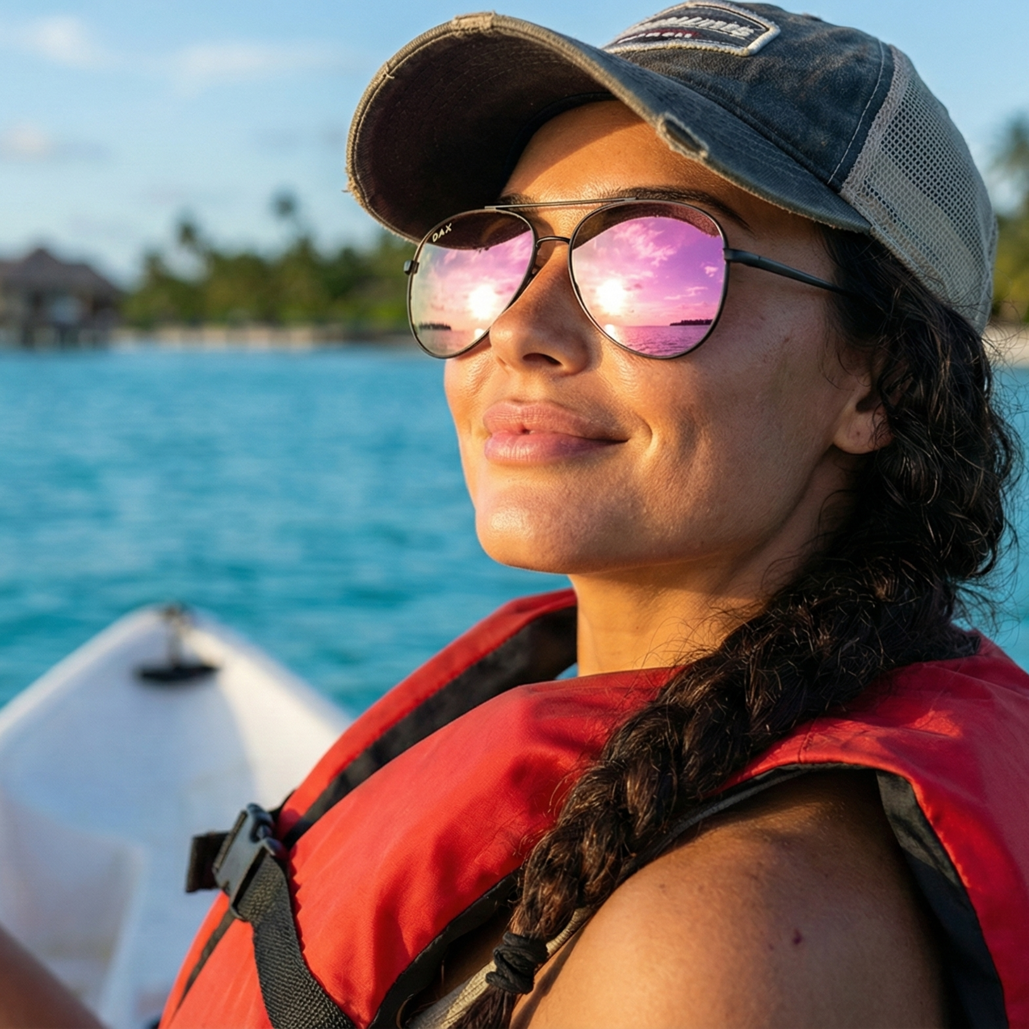 Person wearing a red life jacket and pink sunglasses with a blurred background of water and sky.