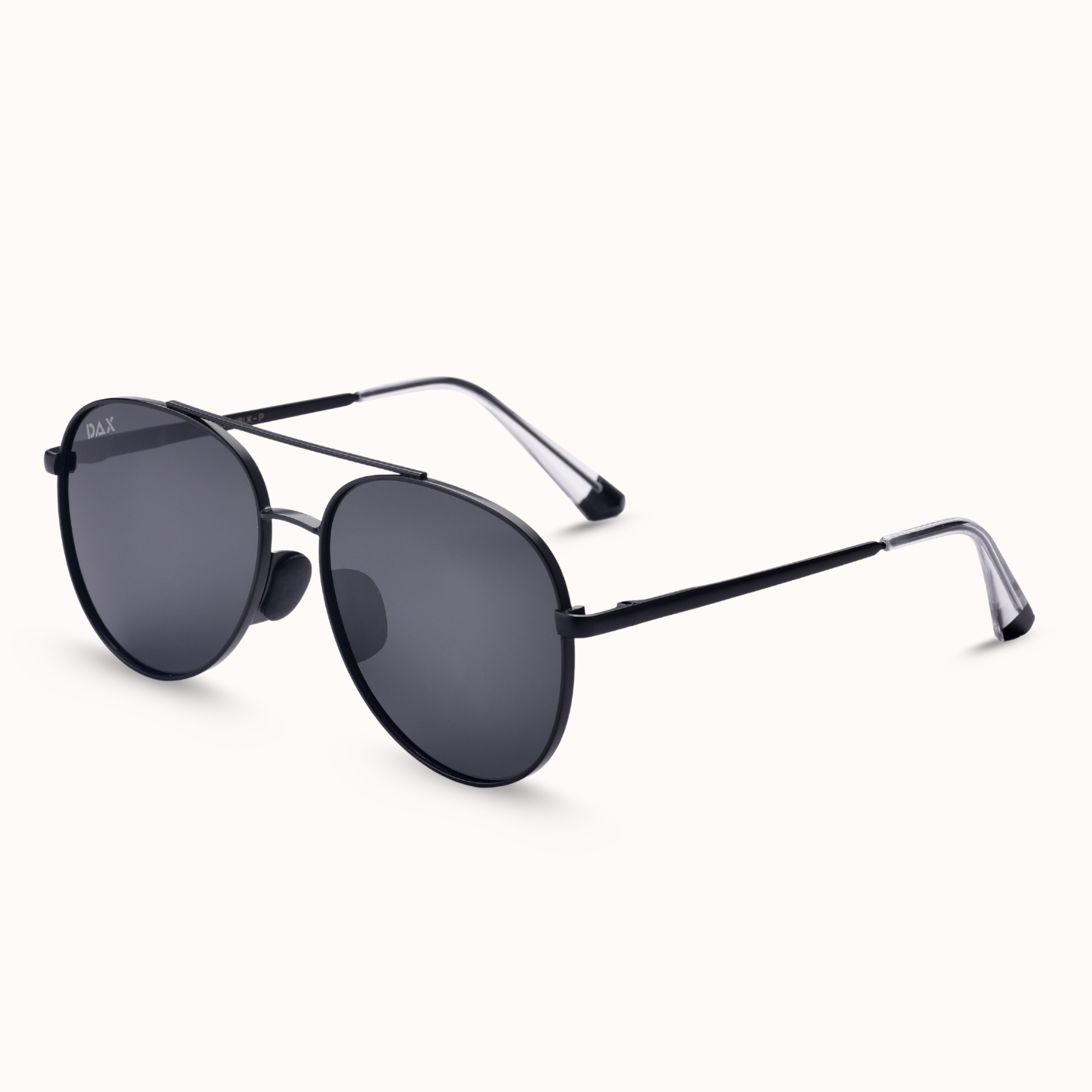 Black sunglasses with dark lenses on a white background