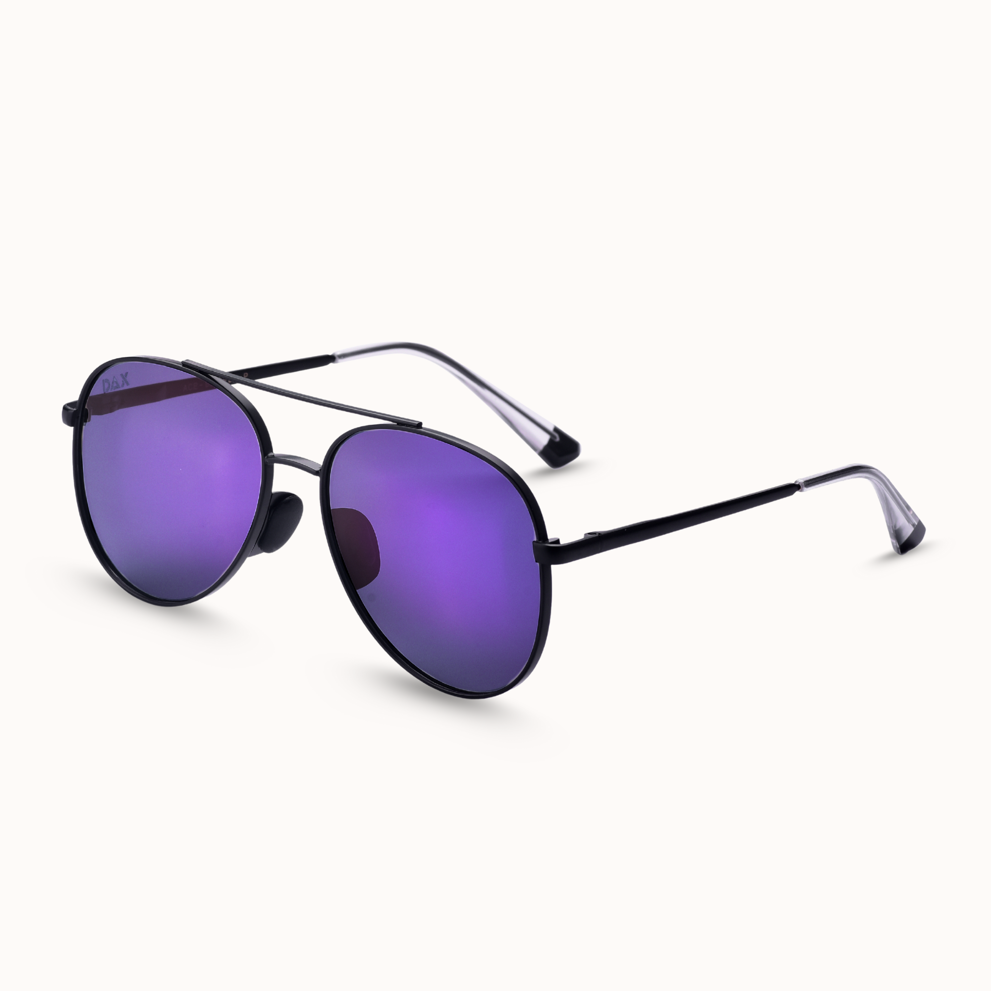 Sunglasses with purple lenses and black frames on a white background
