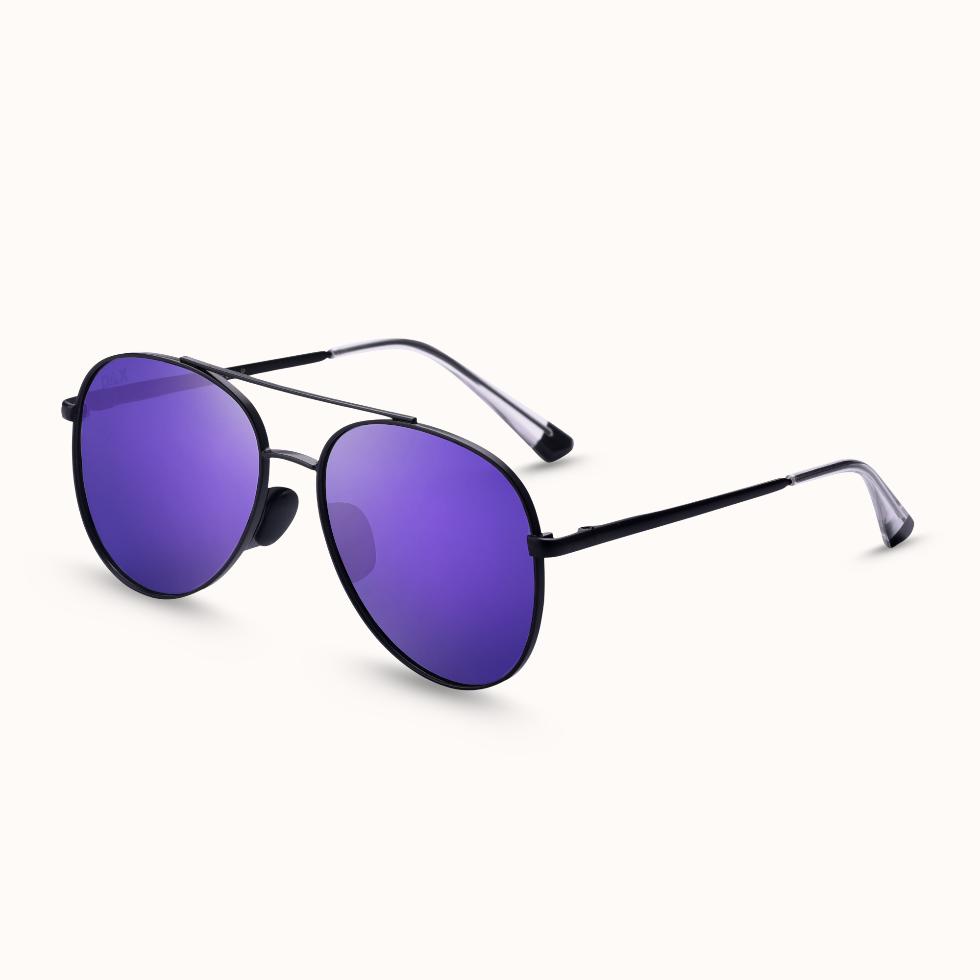 Sunglasses with purple lenses and black frames on a white background