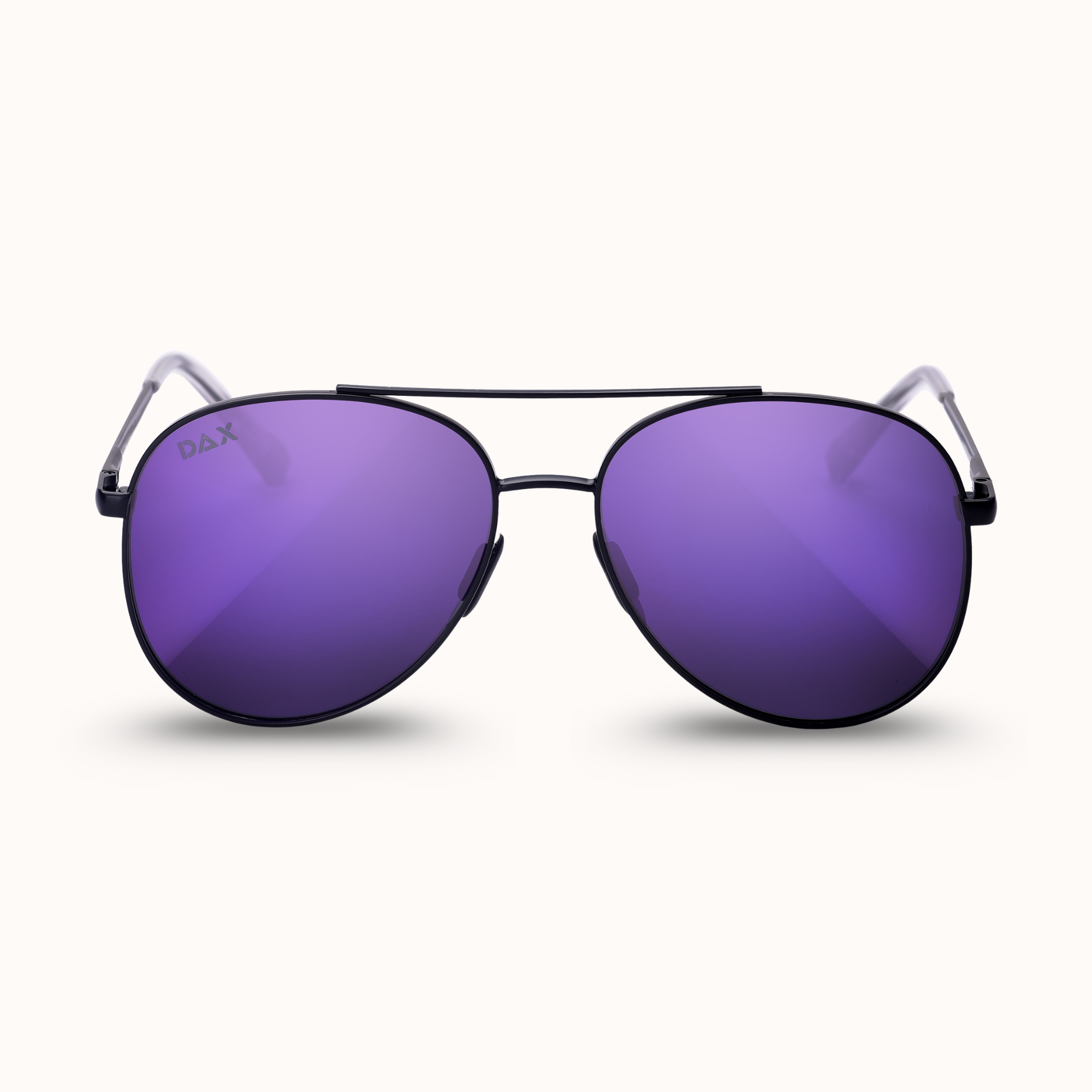 Sunglasses with purple lenses and black frames on a white background