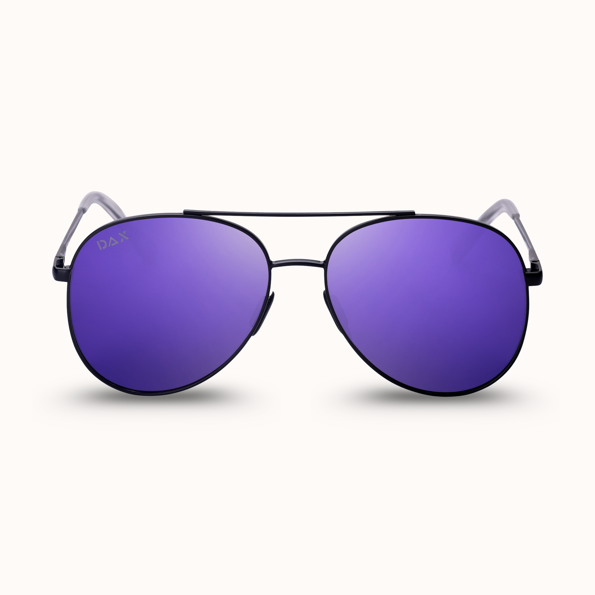 Sunglasses with purple lenses and black frames on a white background