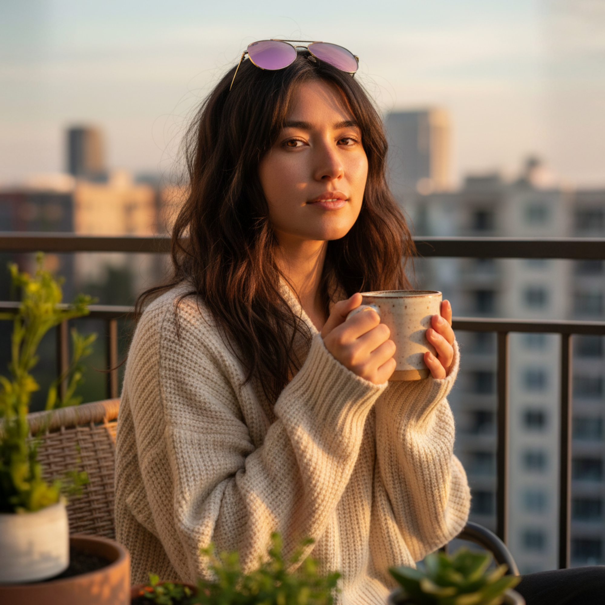 Woman holding a mug on a balcony with cityscape in the background