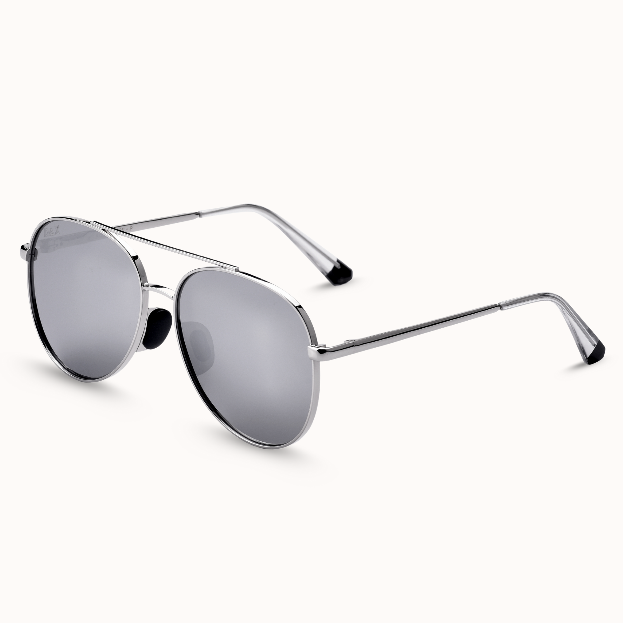Silver aviator sunglasses with reflective lenses on a white background