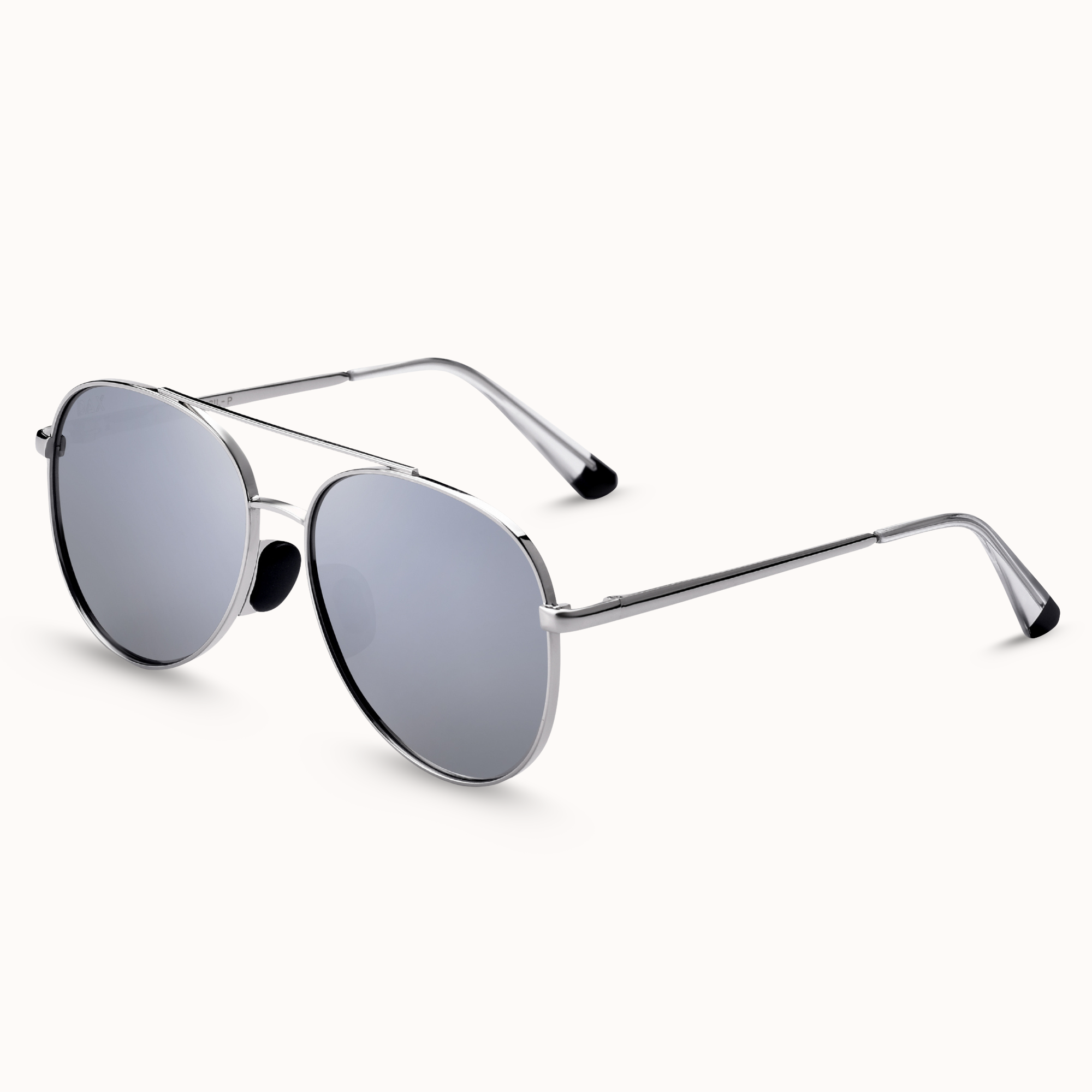 Aviator sunglasses with silver frame and reflective lenses on a white background
