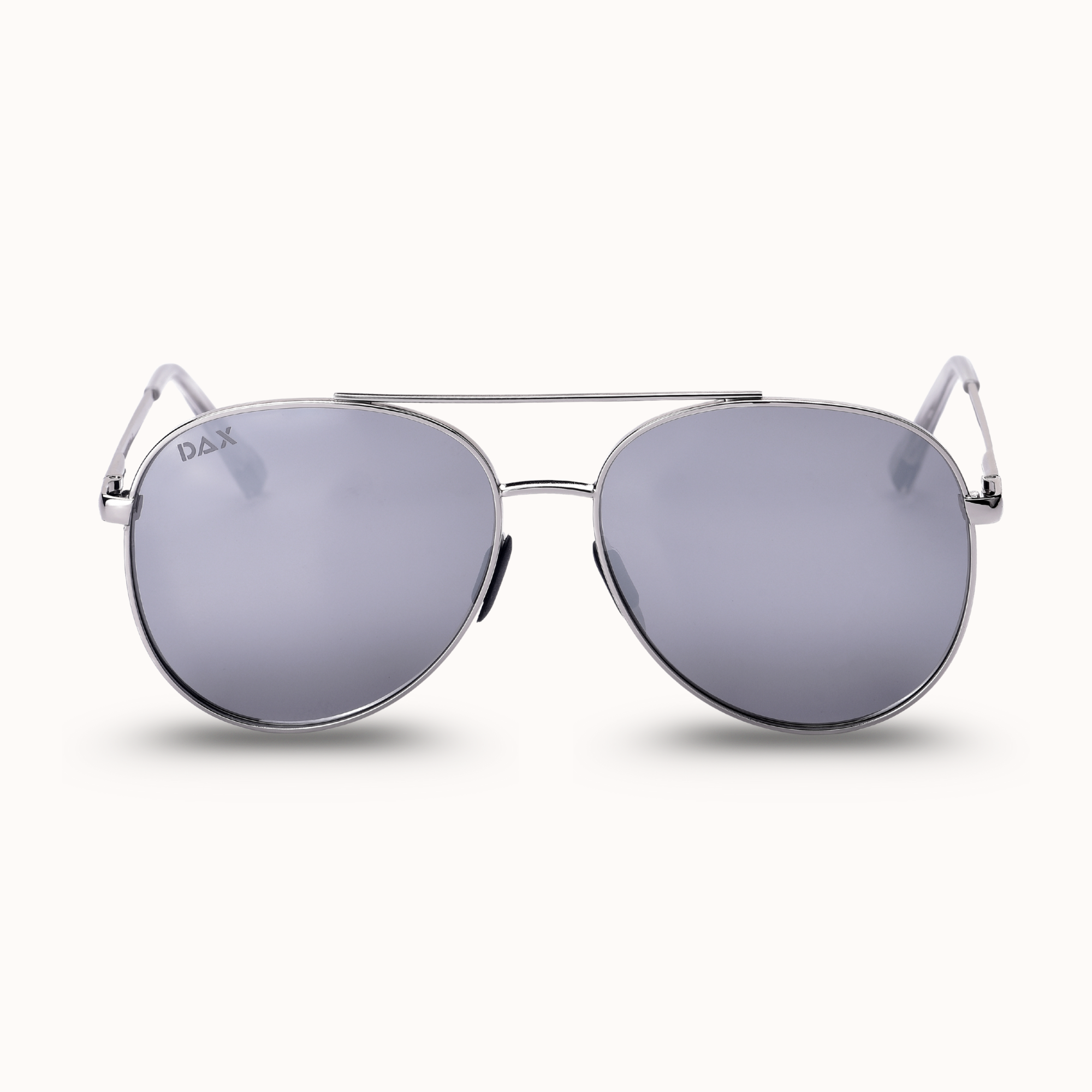 Round sunglasses with silver frame and reflective lenses on a white background