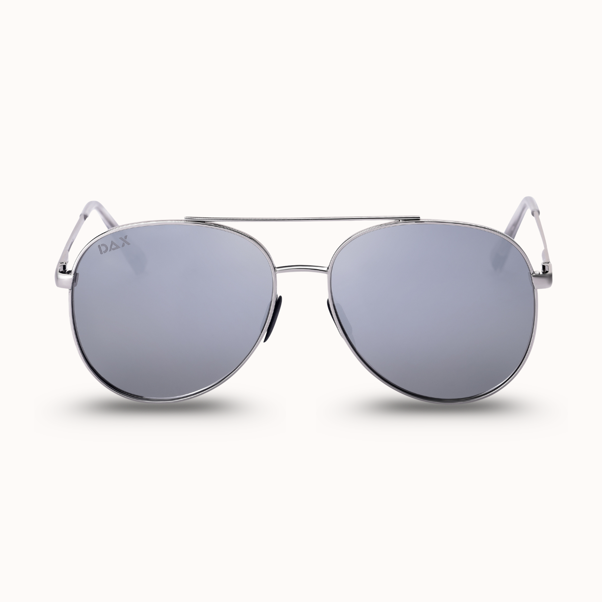 Round sunglasses with silver frame and reflective lenses on a white background
