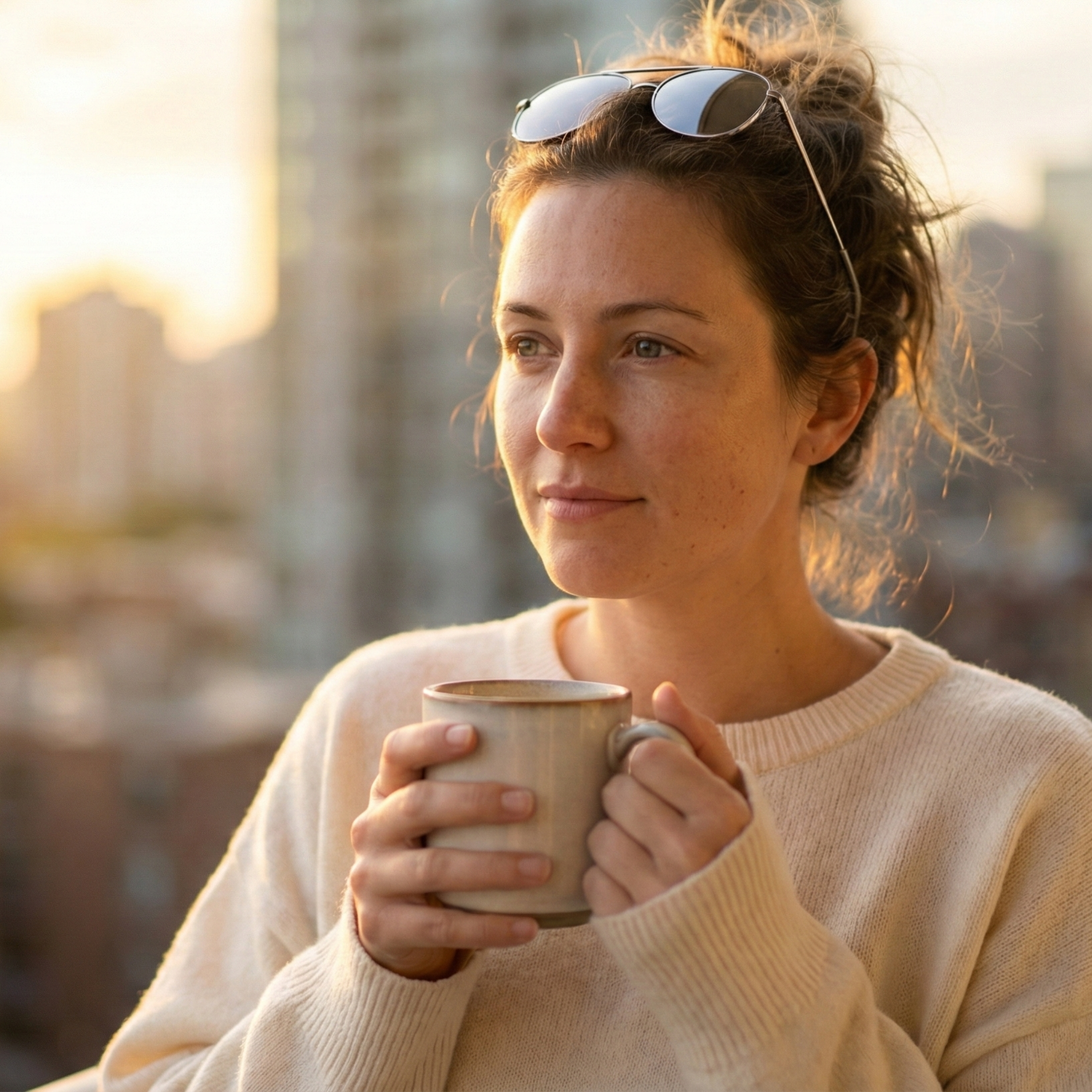 Woman holding a mug with a cityscape in the background