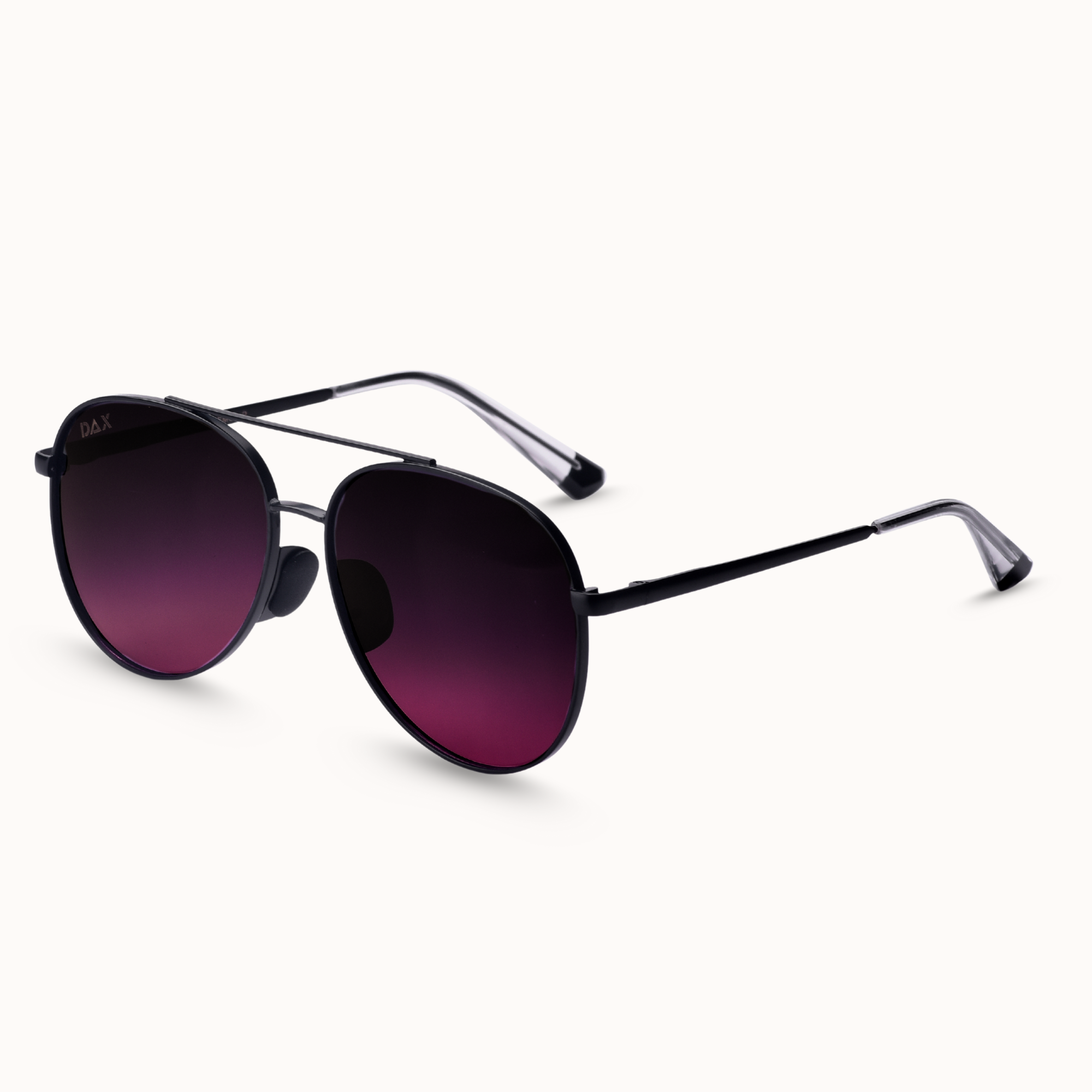 Black sunglasses with gradient purple lenses on a white background