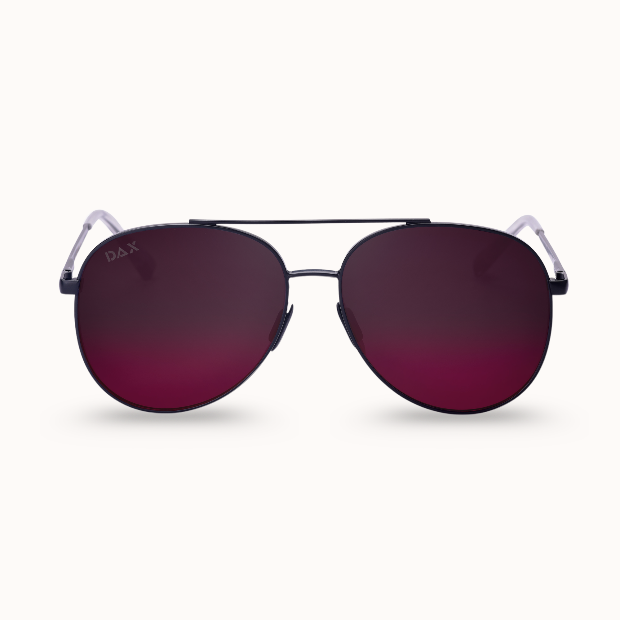 Aviators with a black frame and merlot colored lenses.