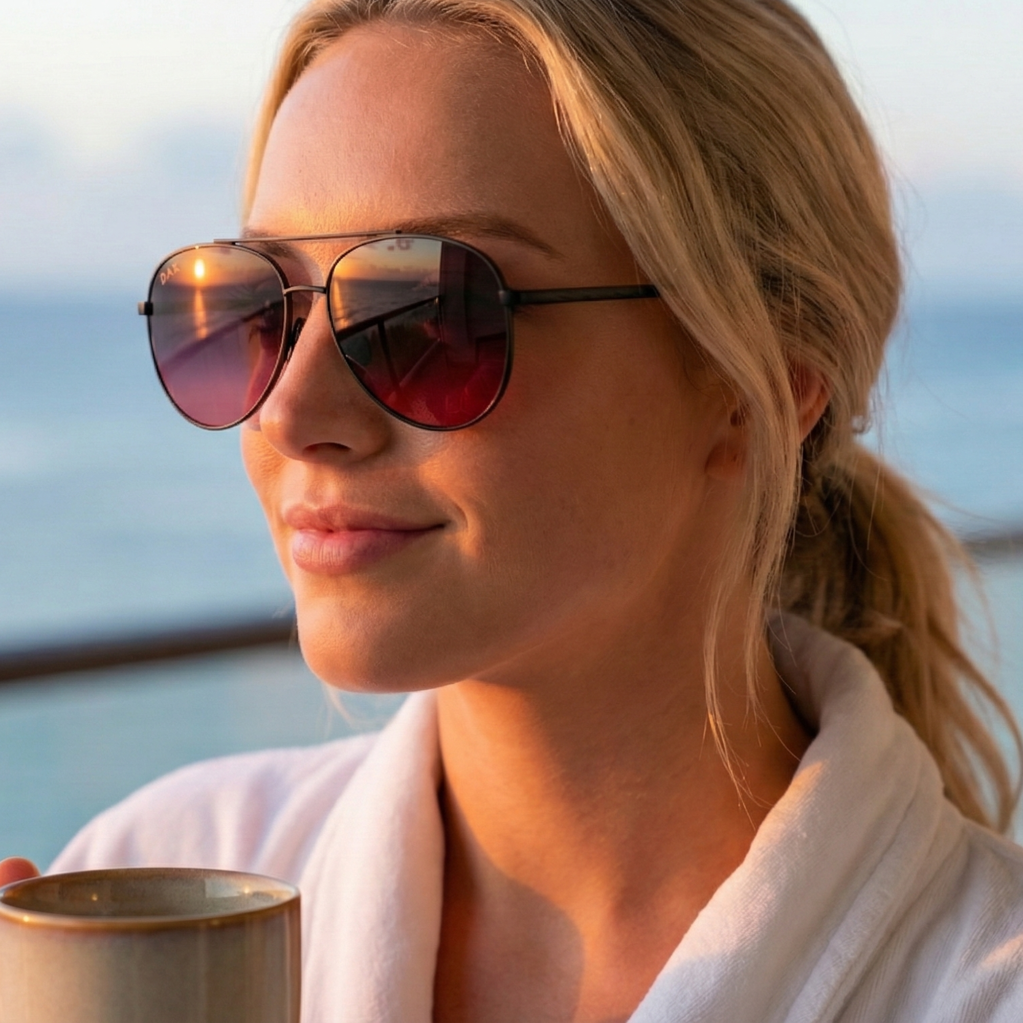 Woman wearing sunglasses and a robe, holding a mug by the sea at sunset.