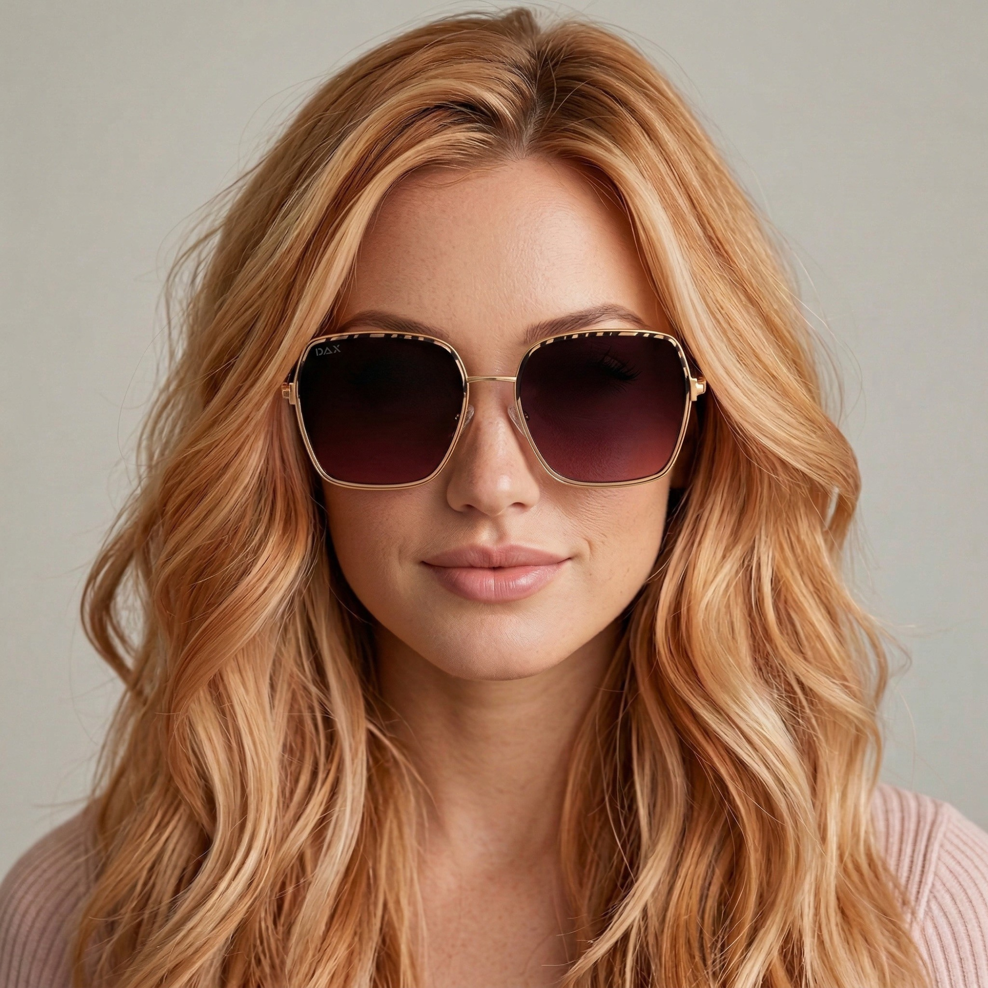 A blonde woman wearing oversized sunglasses with a merlot lens.