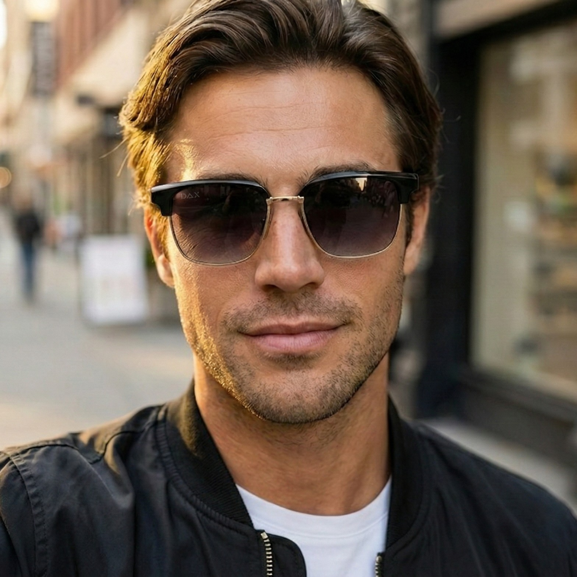 Man wearing sunglasses with a blurred city street background