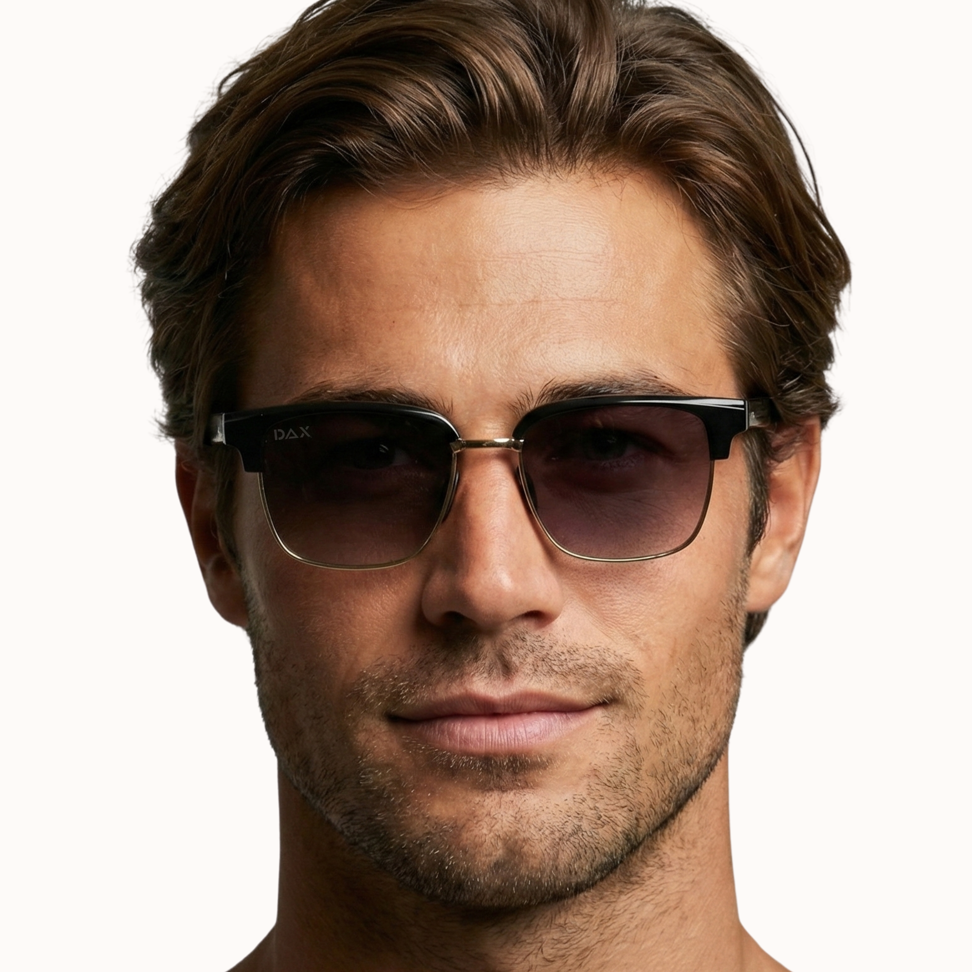 Man wearing sunglasses with a neutral background