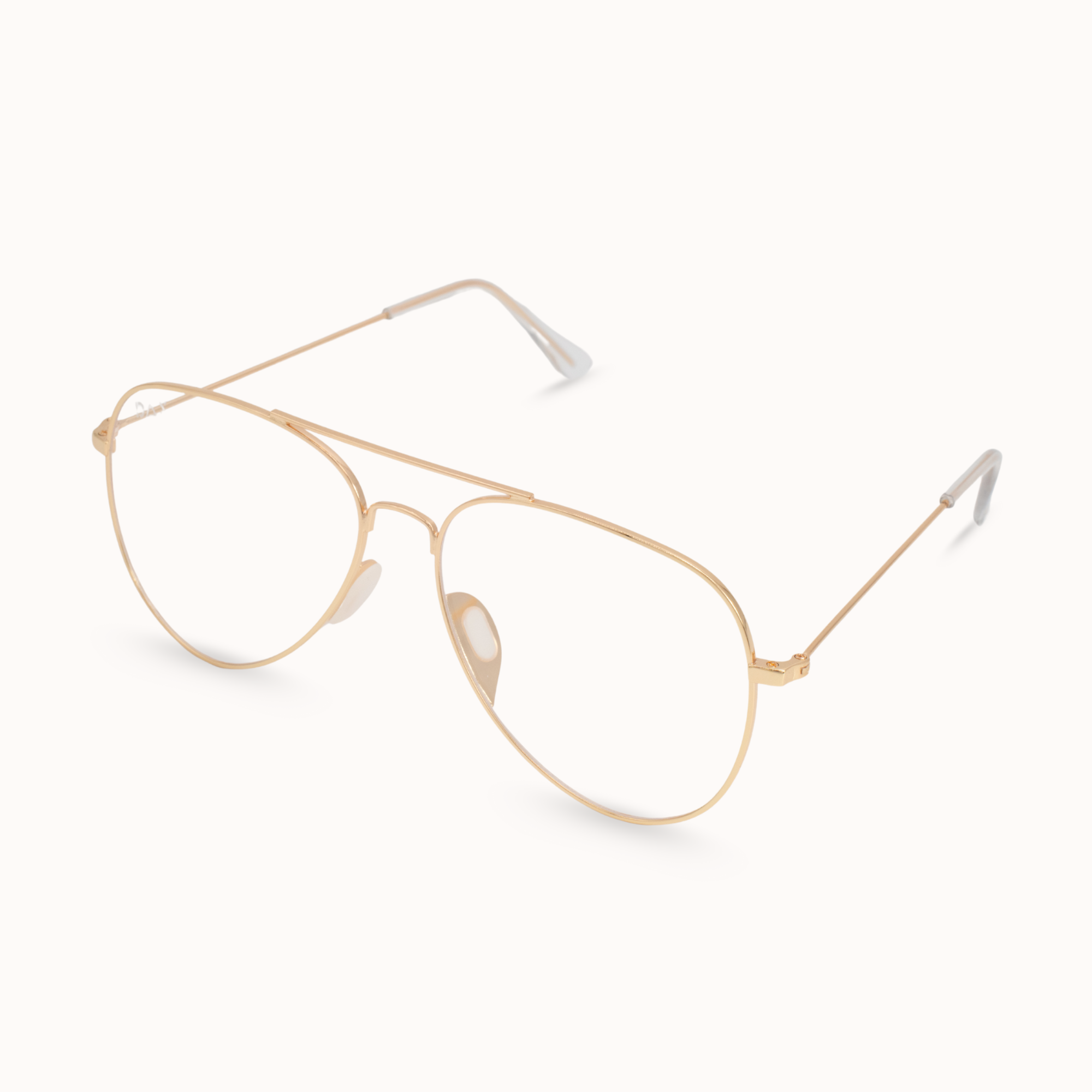 Gold aviator-style eyeglasses on a white background