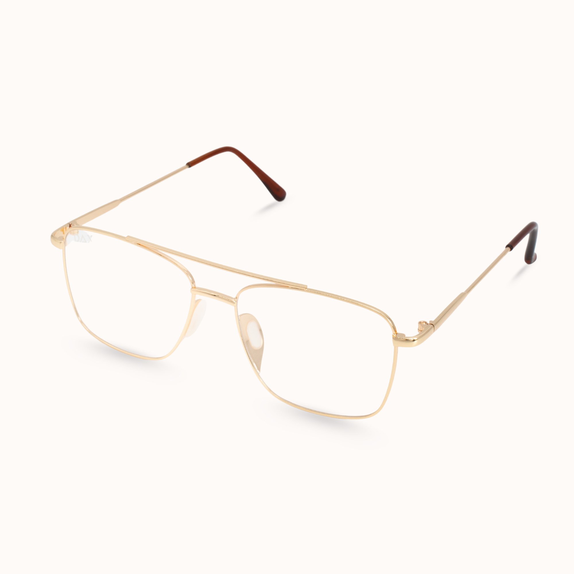 Gold-framed eyeglasses on a white background