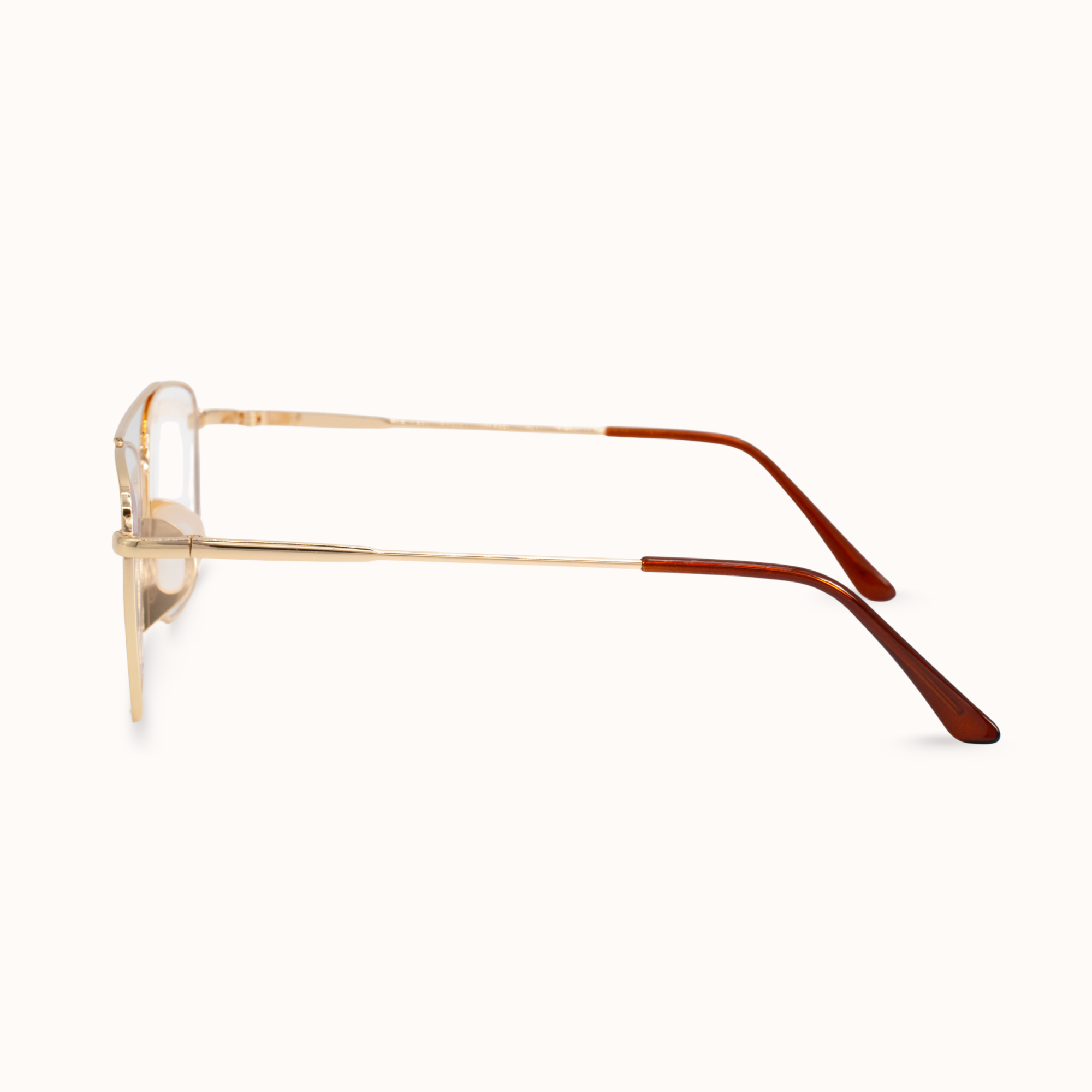 Gold-framed eyeglasses with brown temple tips on a white background