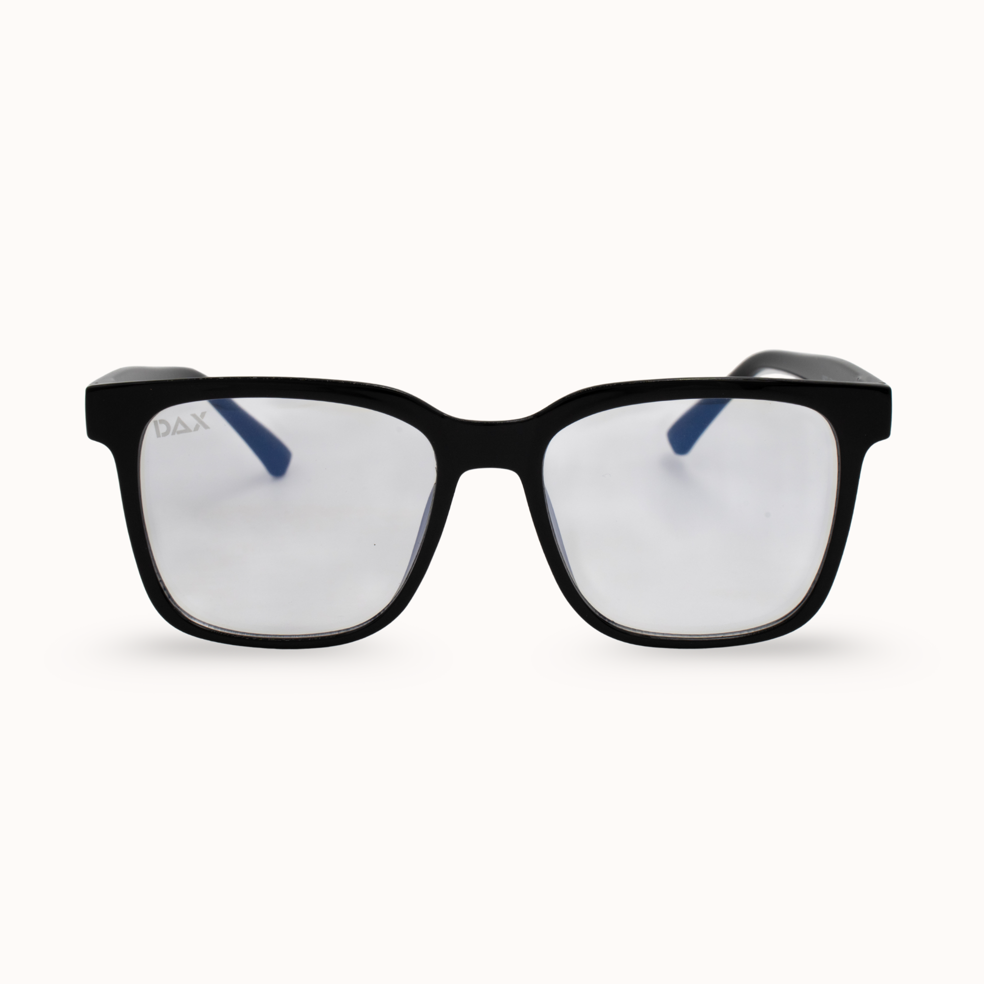 Black-framed glasses with blue temple tips on a white background