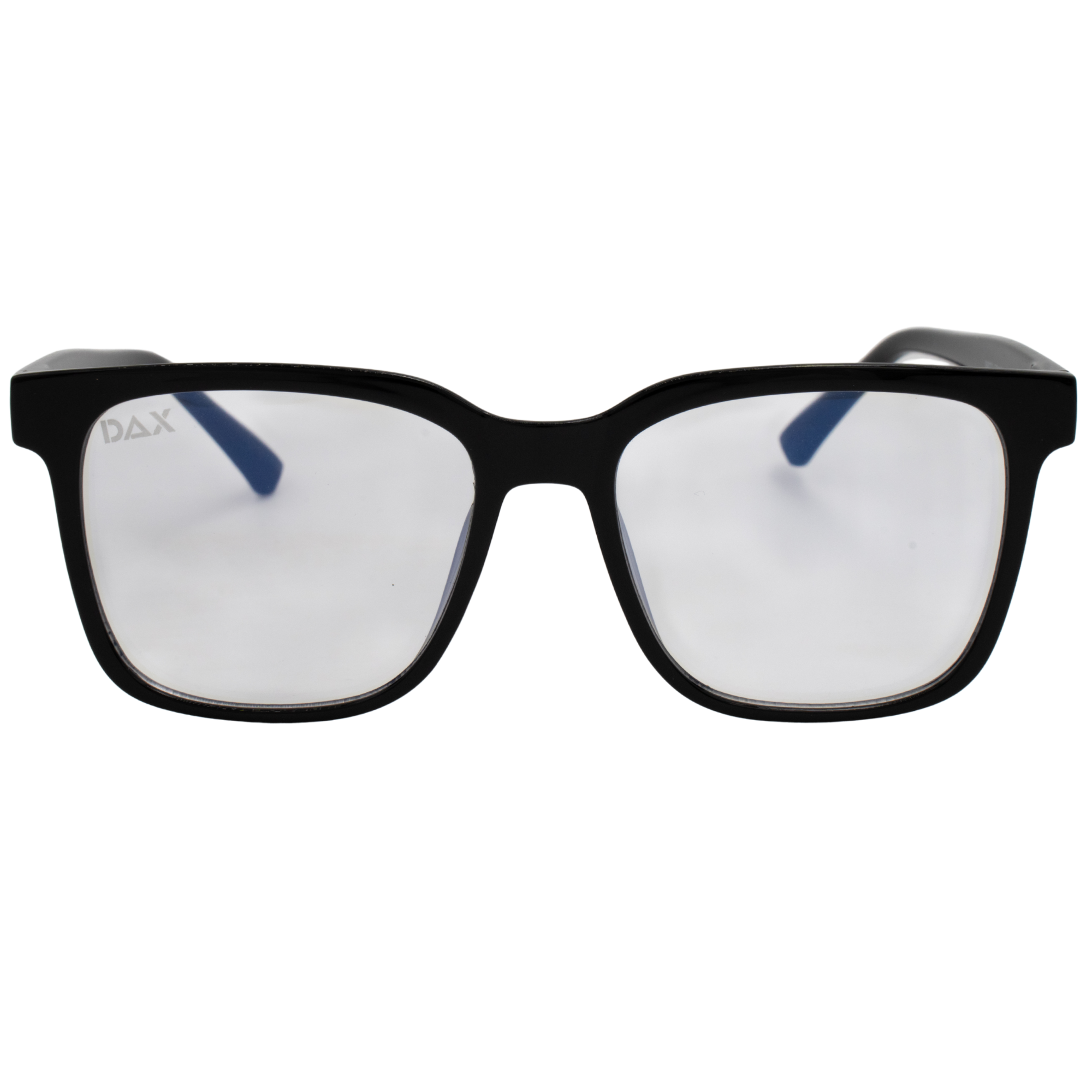 Black eyeglasses with blue accents on a white background