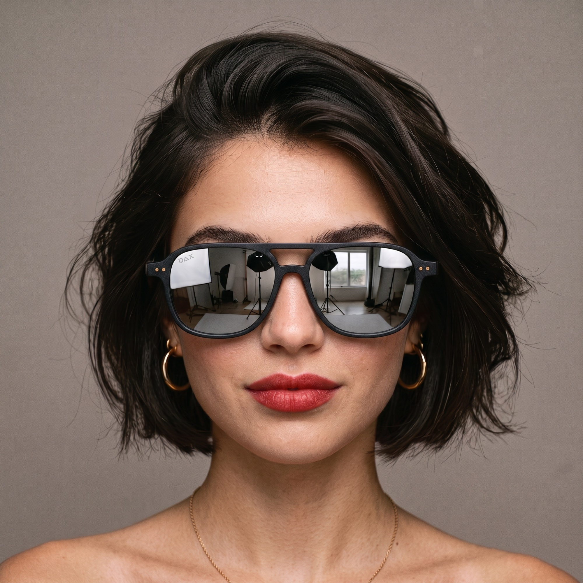 A close-up portrait of a woman with short dark hair wearing dark-framed aviator-style sunglasses with mirrored lenses, against a plain taupe background.