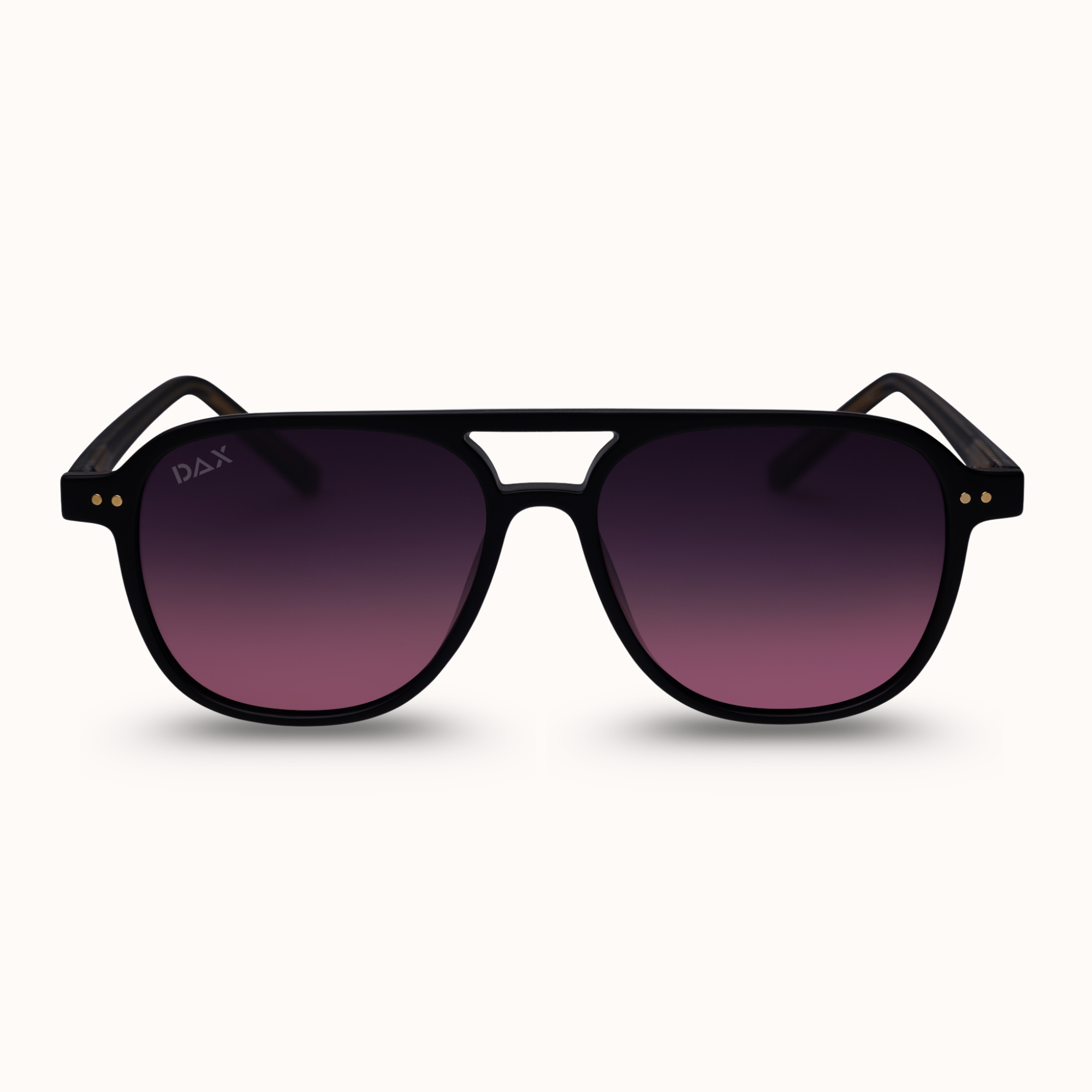 Black sunglasses with gradient purple lenses on a white background
