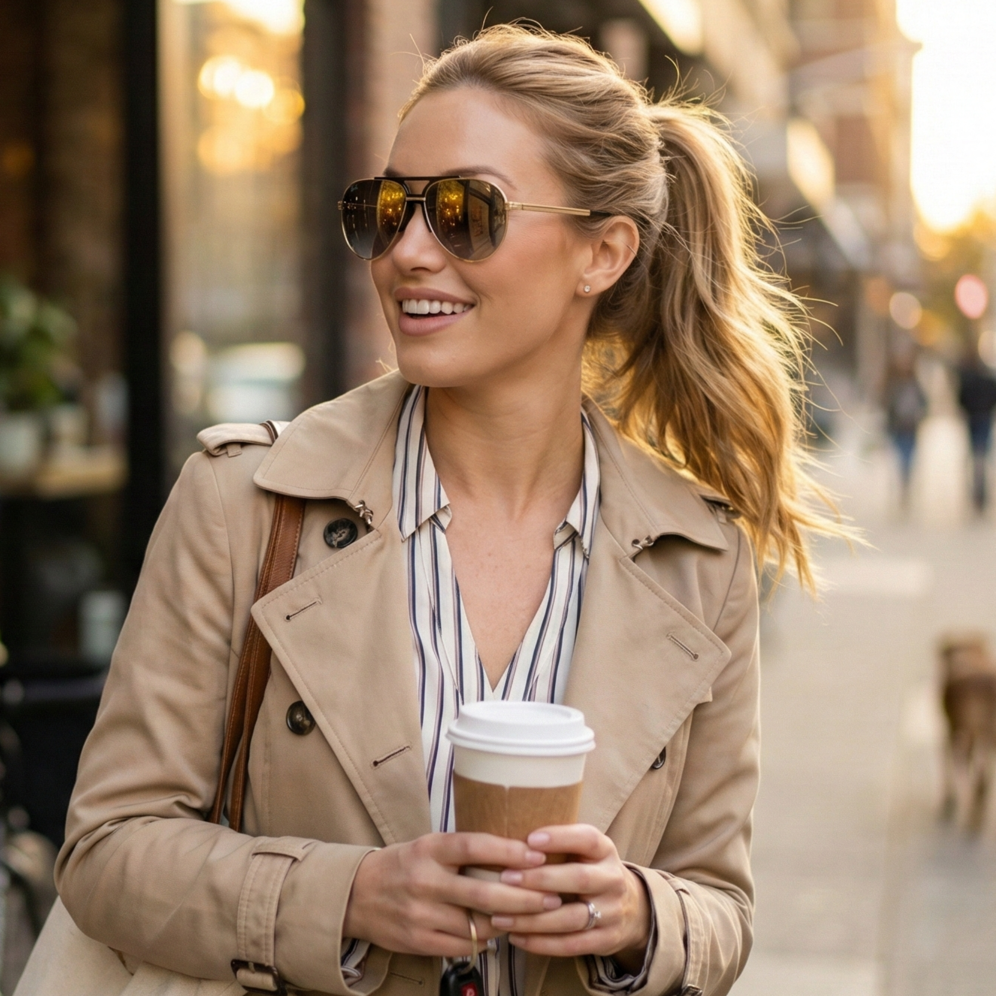 Woman in a beige coat holding a coffee cup on a city street