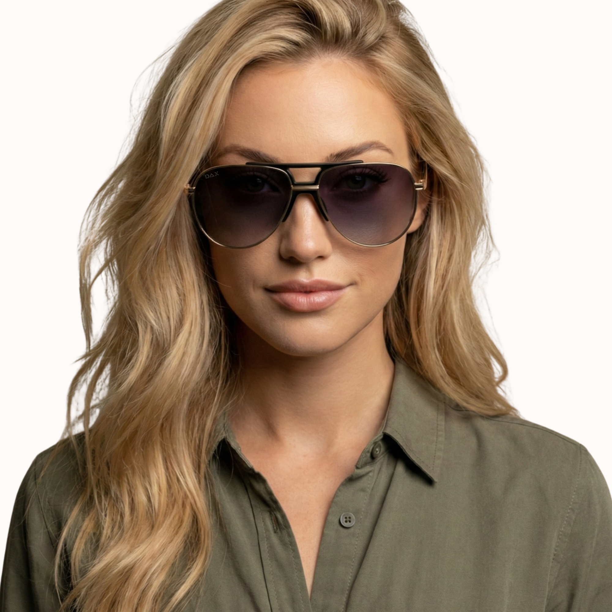 Woman wearing sunglasses and a green shirt on a white background