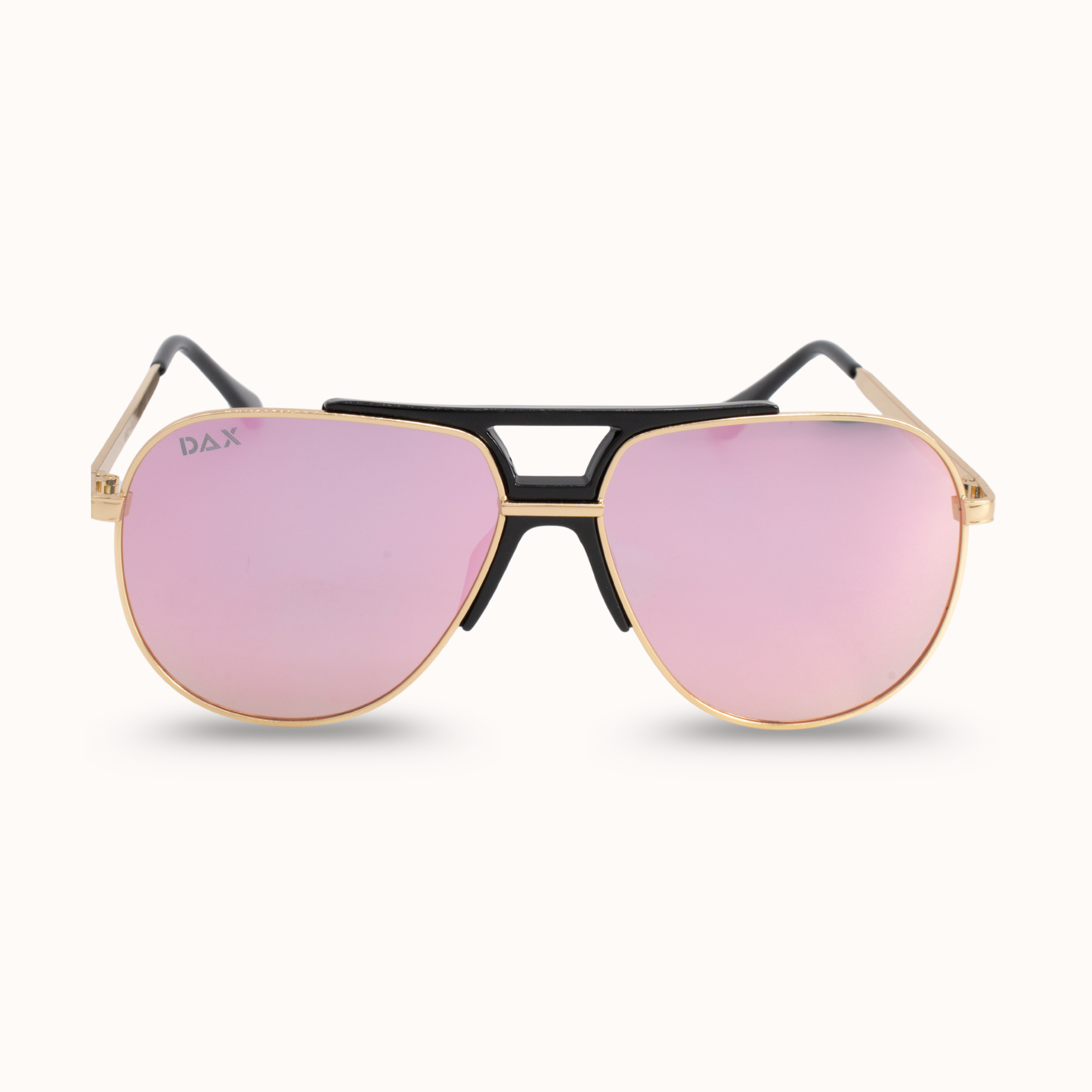 Aviator sunglasses with pink lenses and black frame on a white background