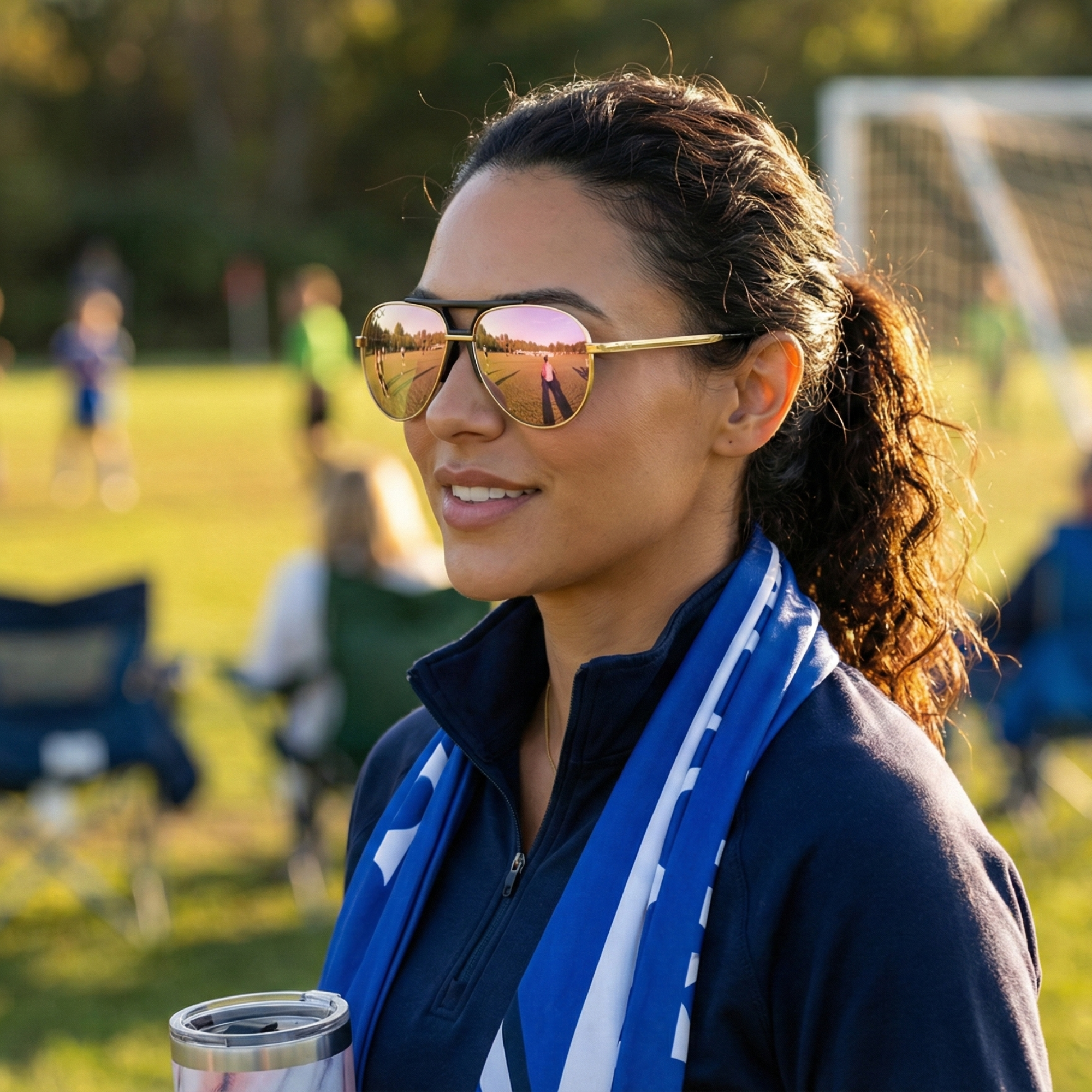 Woman wearing sunglasses and a blue scarf, standing on a grassy field with a soccer goal in the background.