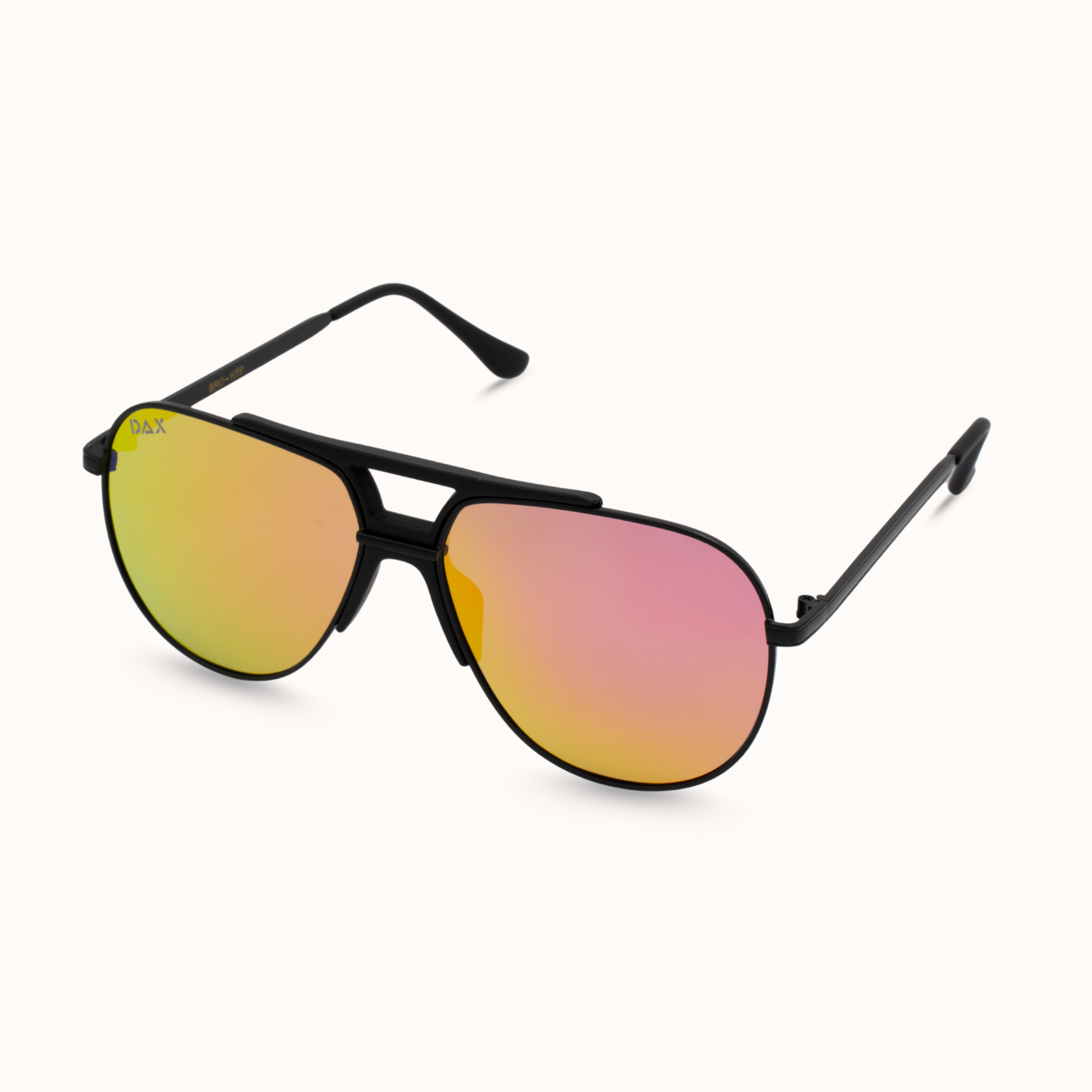 Aviator sunglasses with black frame and pink-tinted lenses on a white background