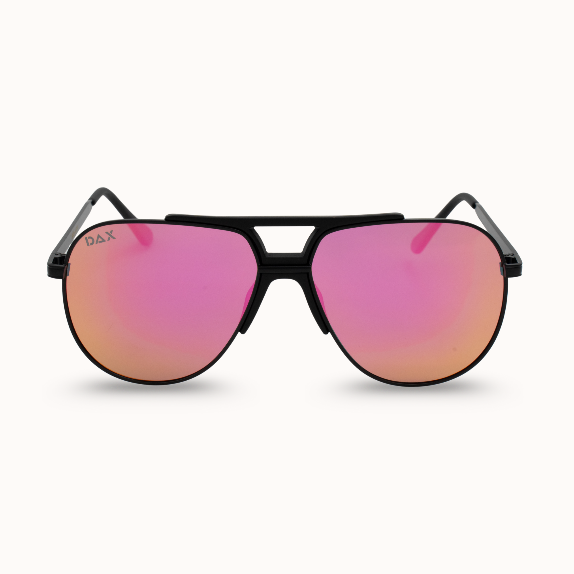Sunglasses with pink lenses and black frame on a white background