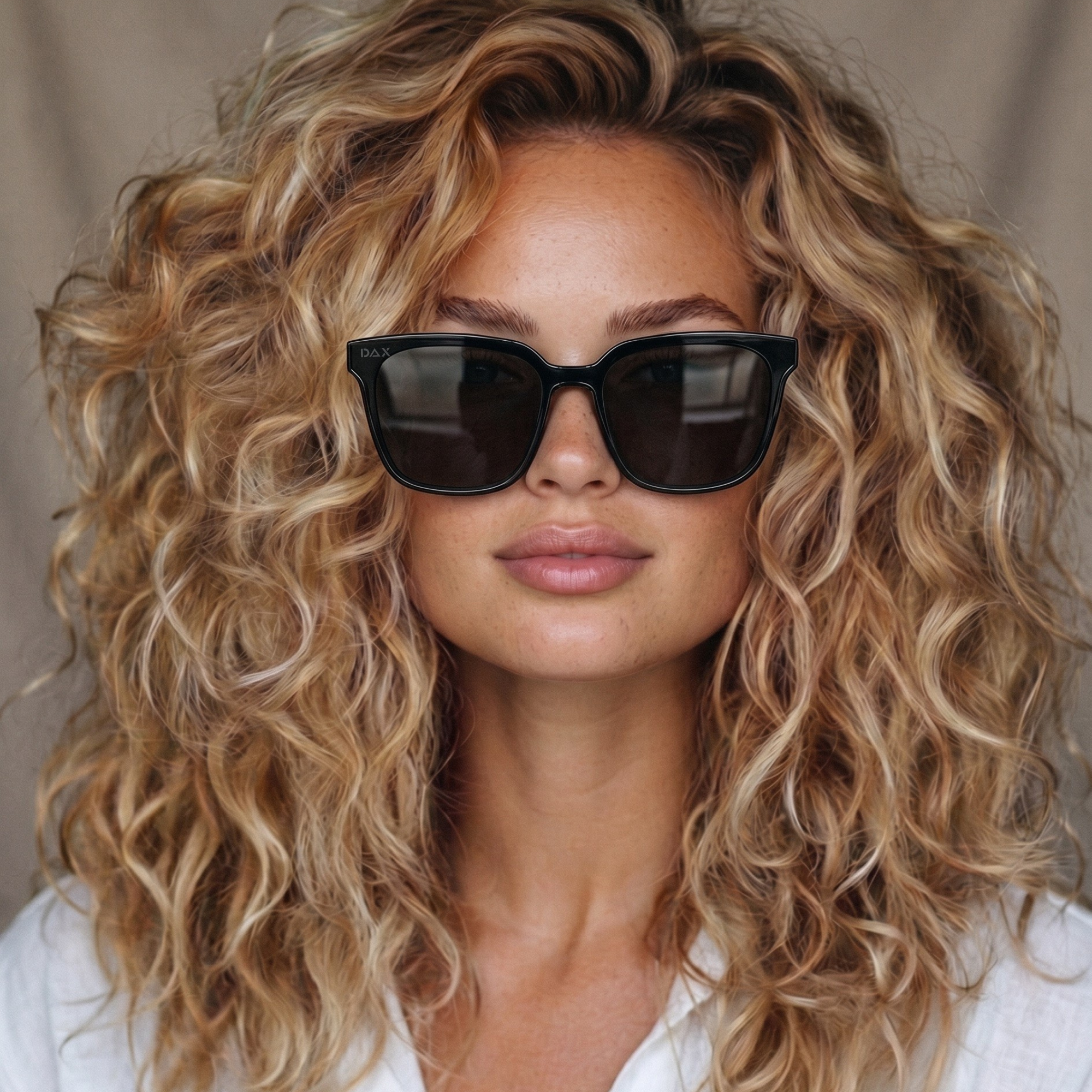 Woman with curly blonde hair wearing dark sunglasses against a neutral background