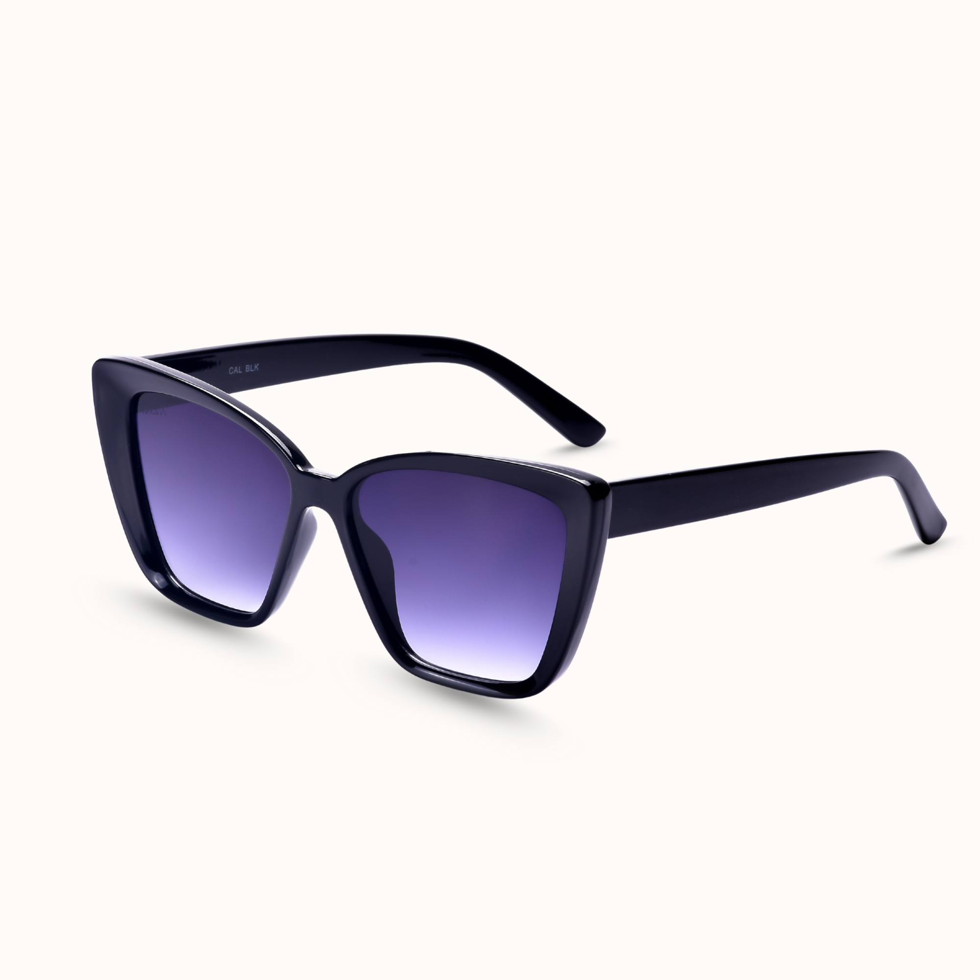Black cat-eye sunglasses with purple gradient lenses on a white background