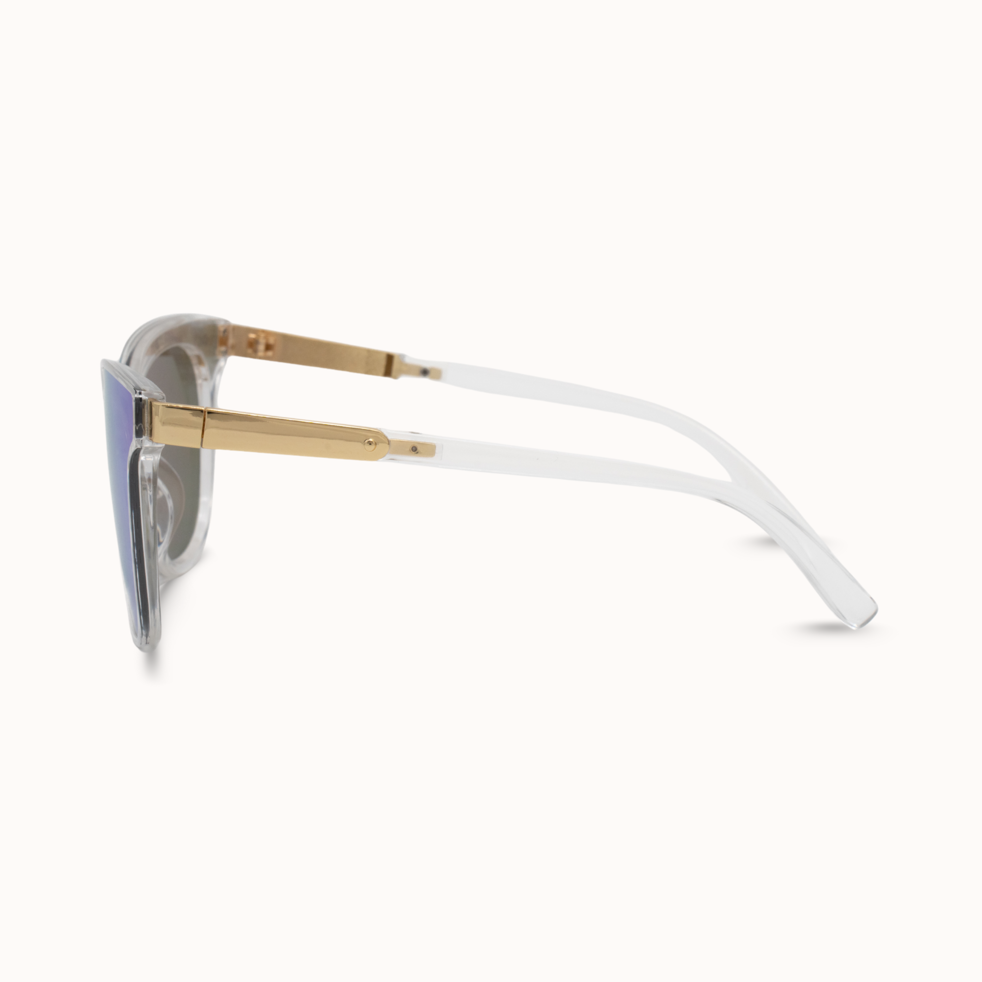 Sunglasses with gold frame and white arms on a white background