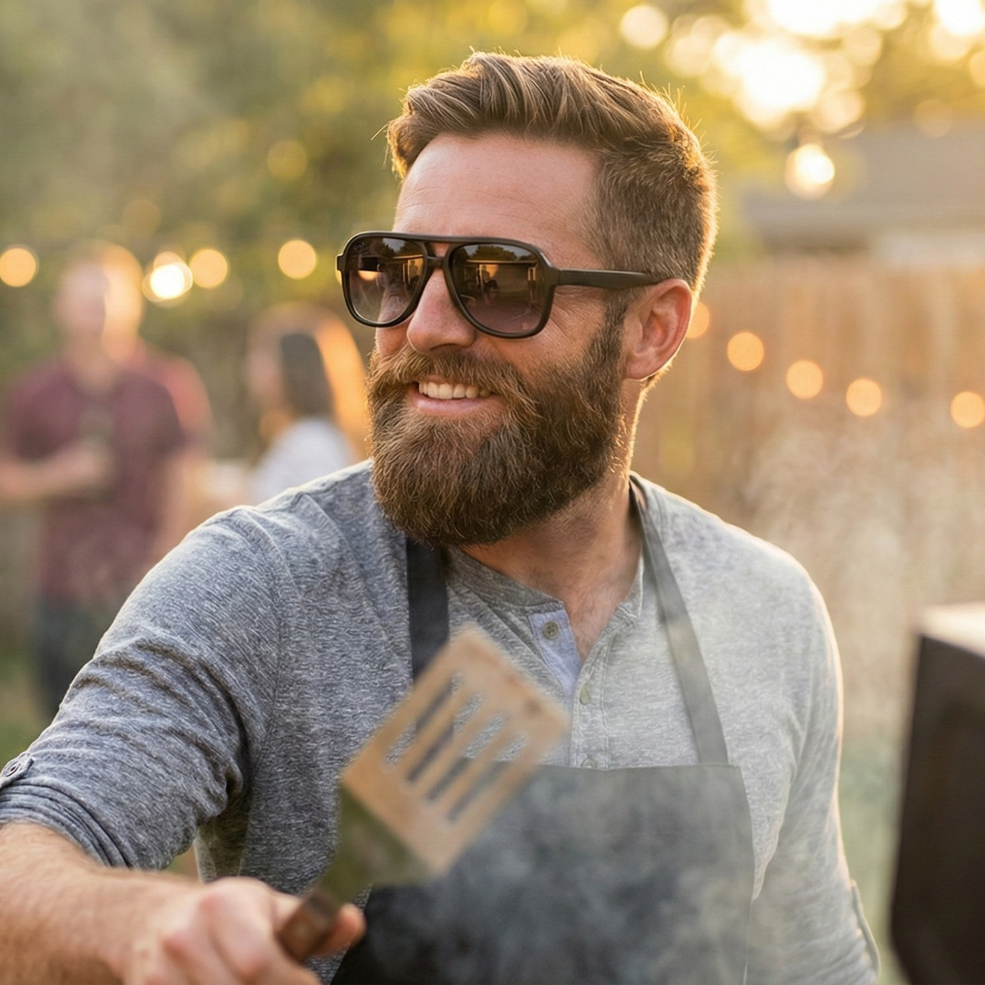 Man with sunglasses and apron holding a spatula outdoors