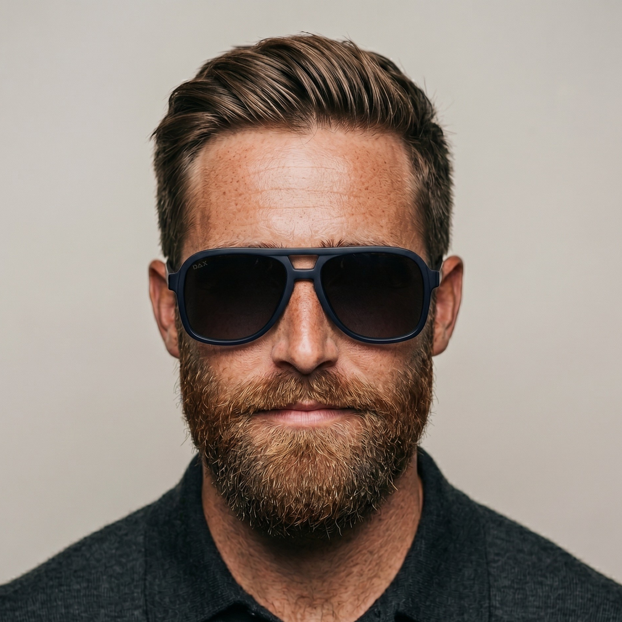Man wearing dark sunglasses with a neutral background