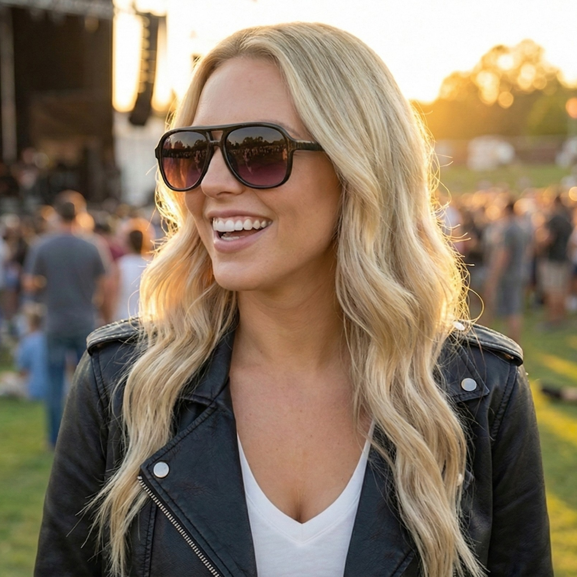 Woman wearing sunglasses and a black leather jacket in a crowd at sunset