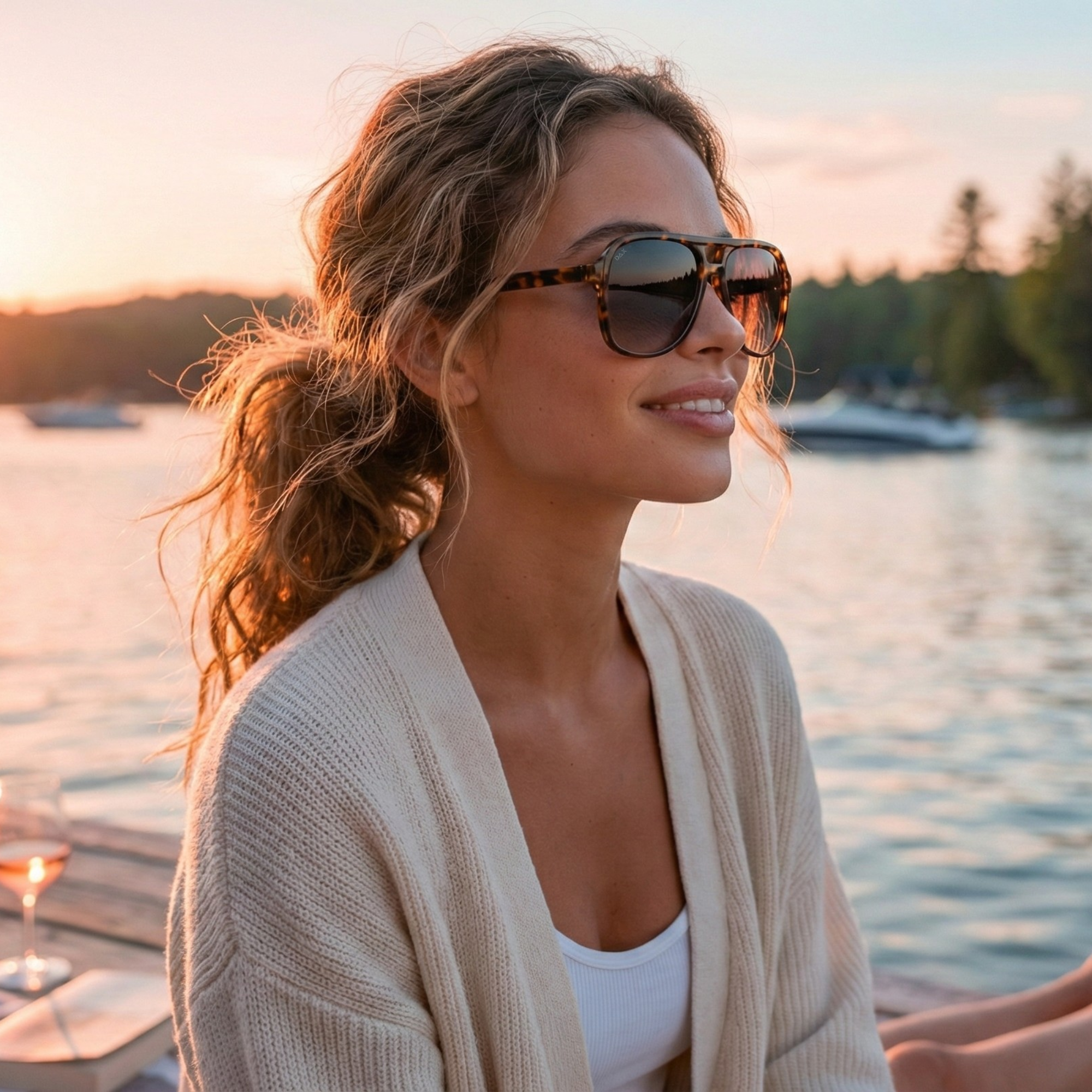 Woman wearing sunglasses and a beige cardigan by a lake at sunset