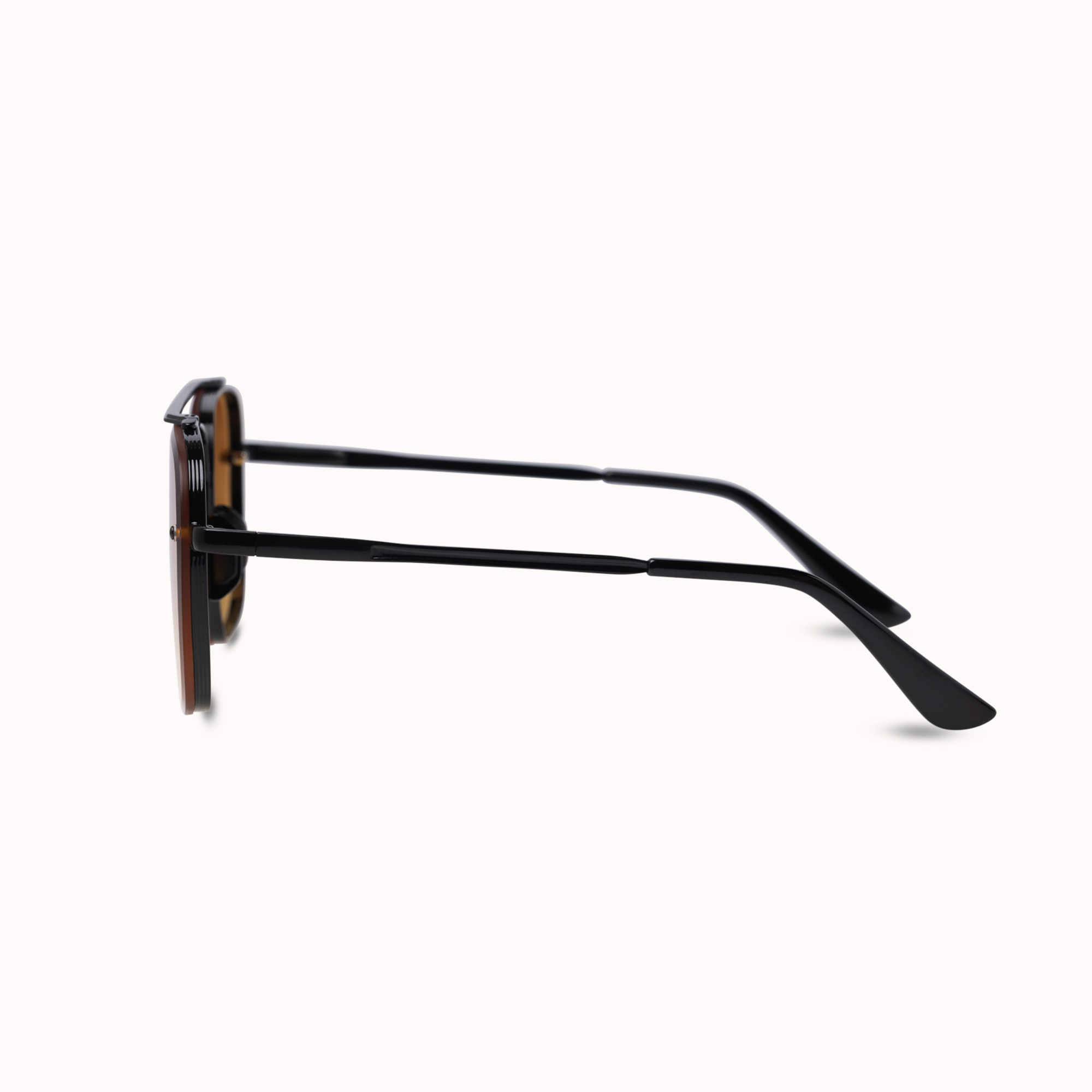A pair of square-frame sunglasses with a black acetate frame and dark purple tinted lenses, shown from a side profile view on a light cream background.