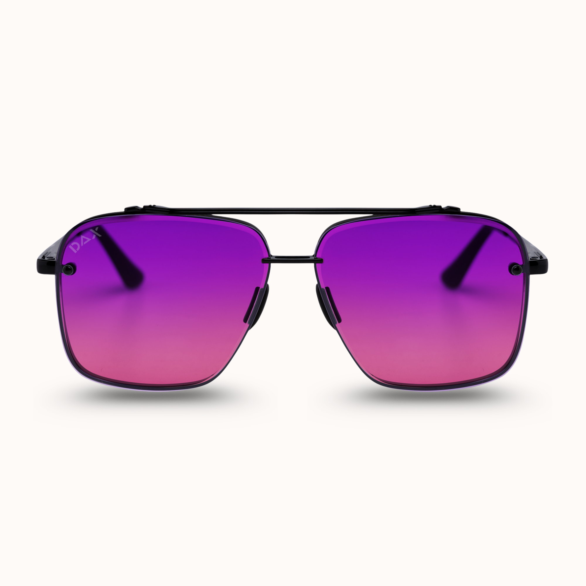A pair of square aviator-style sunglasses with a thin black metal frame and vibrant purple-to-pink gradient lenses, shown against a light off-white background.
