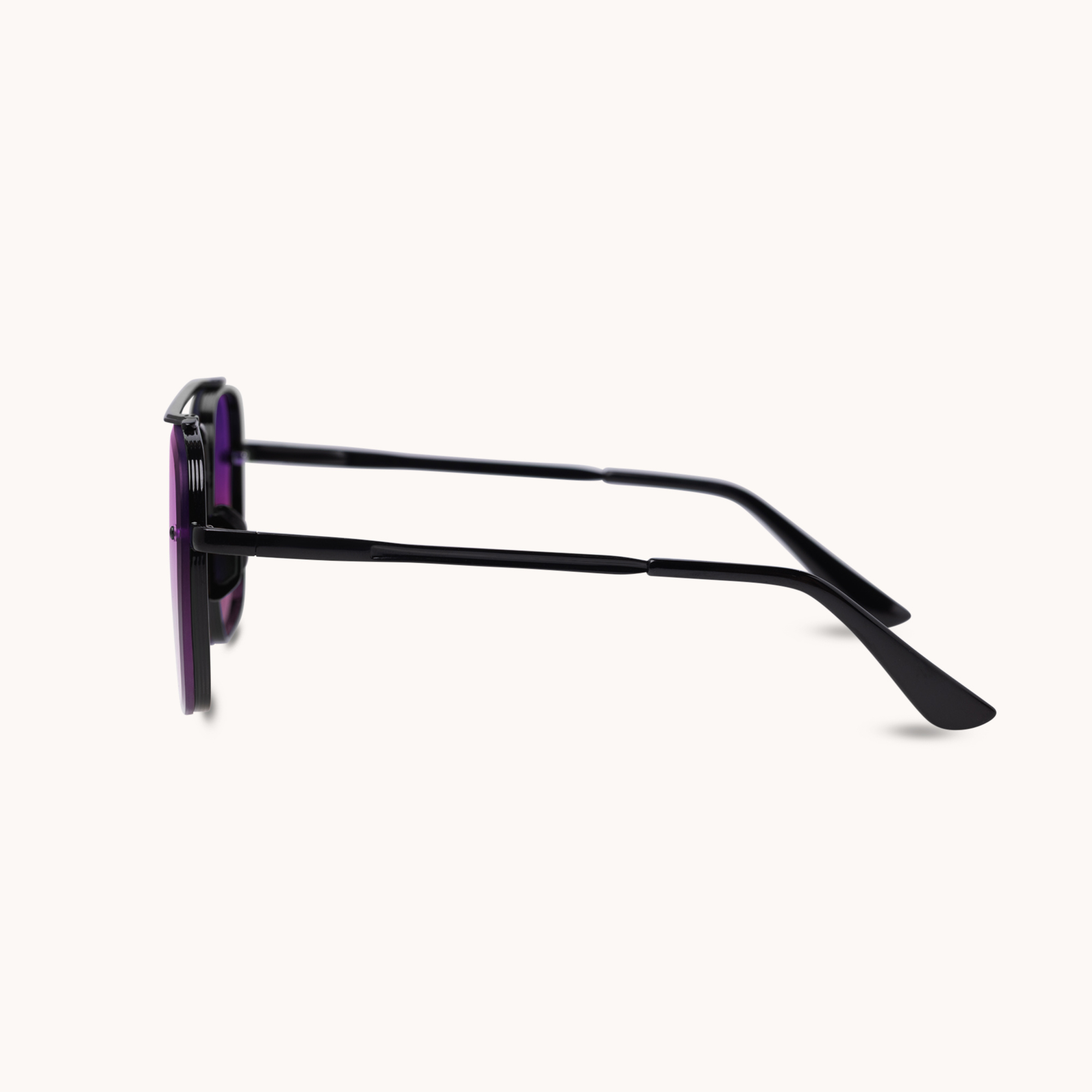 A pair of square-frame sunglasses with a black acetate frame and dark purple tinted lenses, shown from a side profile view on a light cream background.