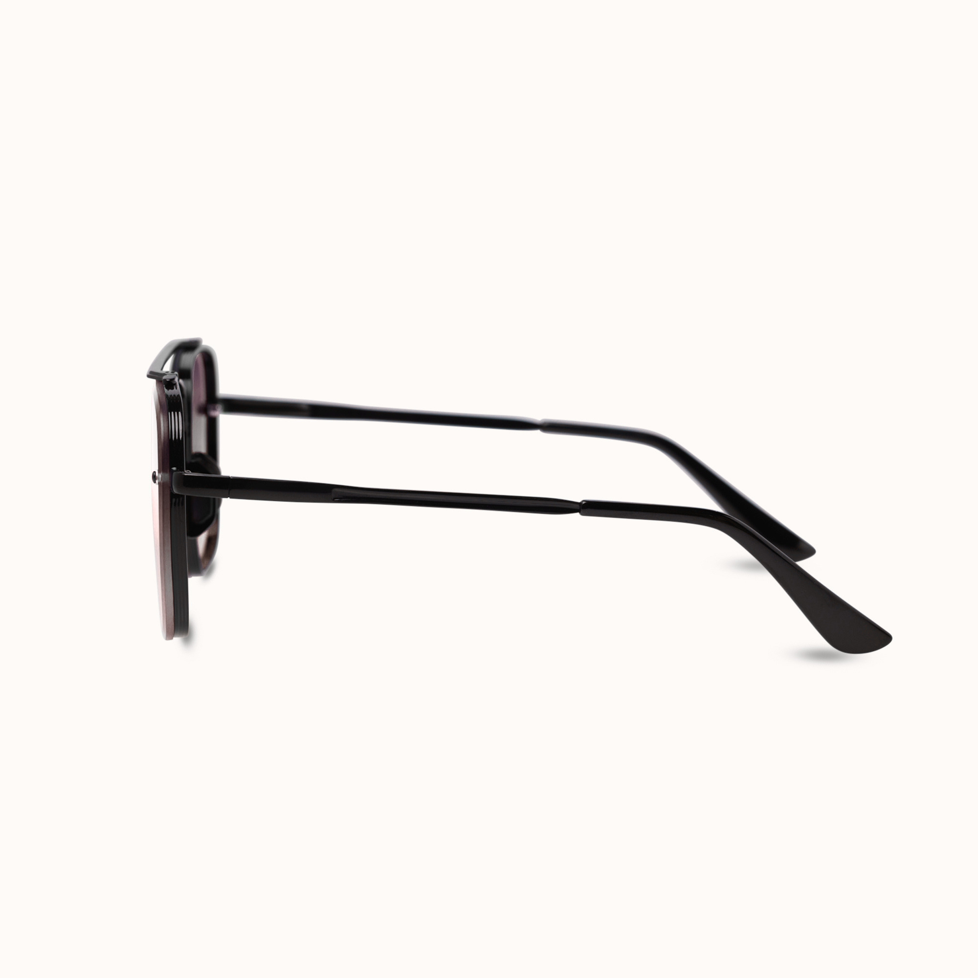 A pair of black square-frame sunglasses shown in a side profile view against a clean, off-white background.