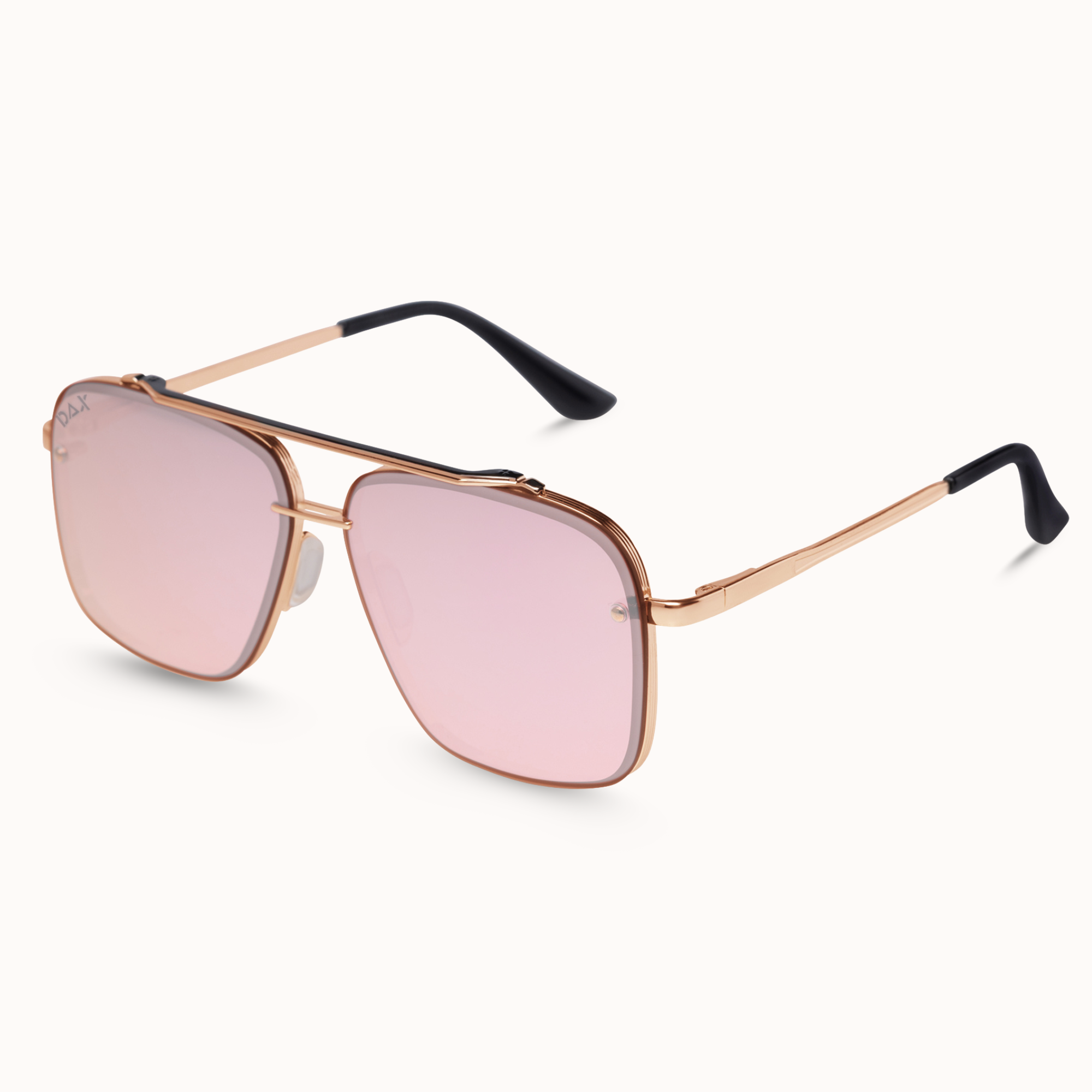 Aviator-style sunglasses with a rose gold metal frame, pink-tinted lenses, and black temple tips, shown on a clean off-white background.
