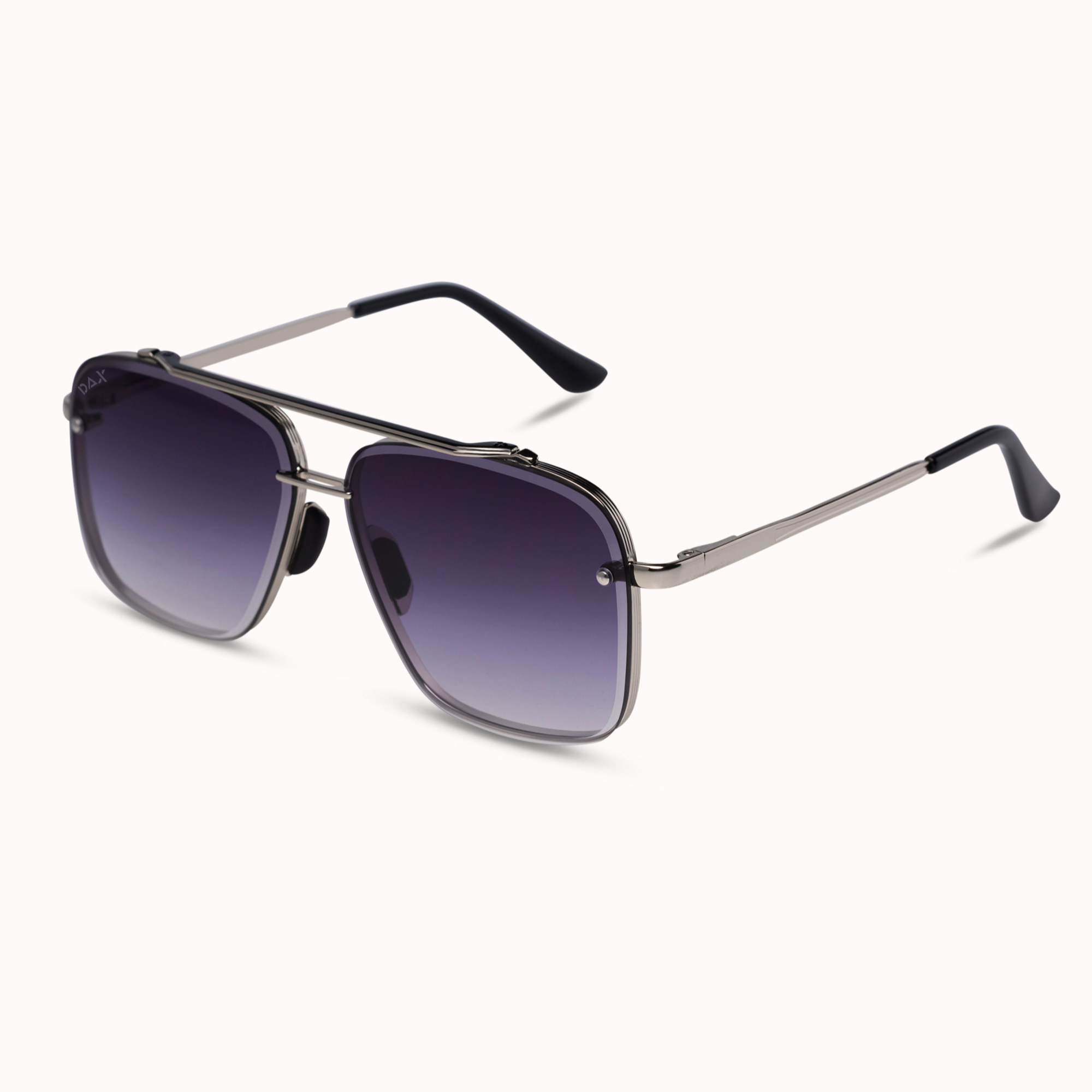 A pair of square aviator-style sunglasses with a thin silver metal frame, dark gray gradient lenses, and black temple tips, shown on a clean off-white background.