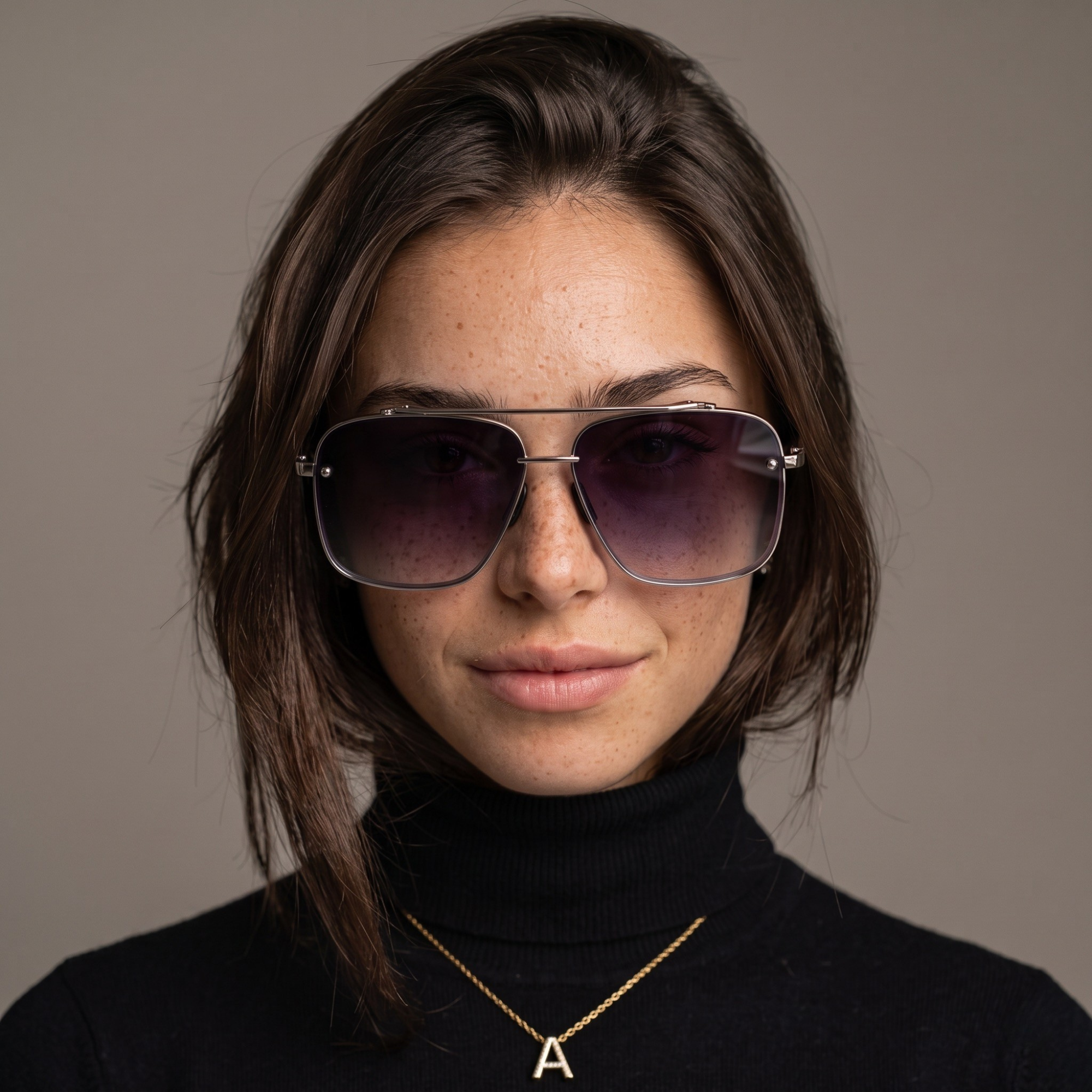 A woman with dark brown hair is shown from the chest up, wearing aviator-style sunglasses with a thin silver metal frame and gradient tinted lenses, along with a gold necklace with an initial 'A' pendant, against a solid taupe background.